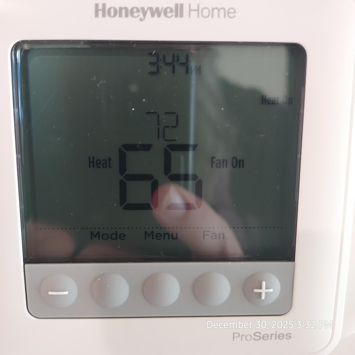 Thermostat during the warmest part of day; it was much colder in the mornings and night our last two days.  No heat or AC on main level during entire stay.