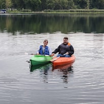 kayaks were available to use on the quiet lake.