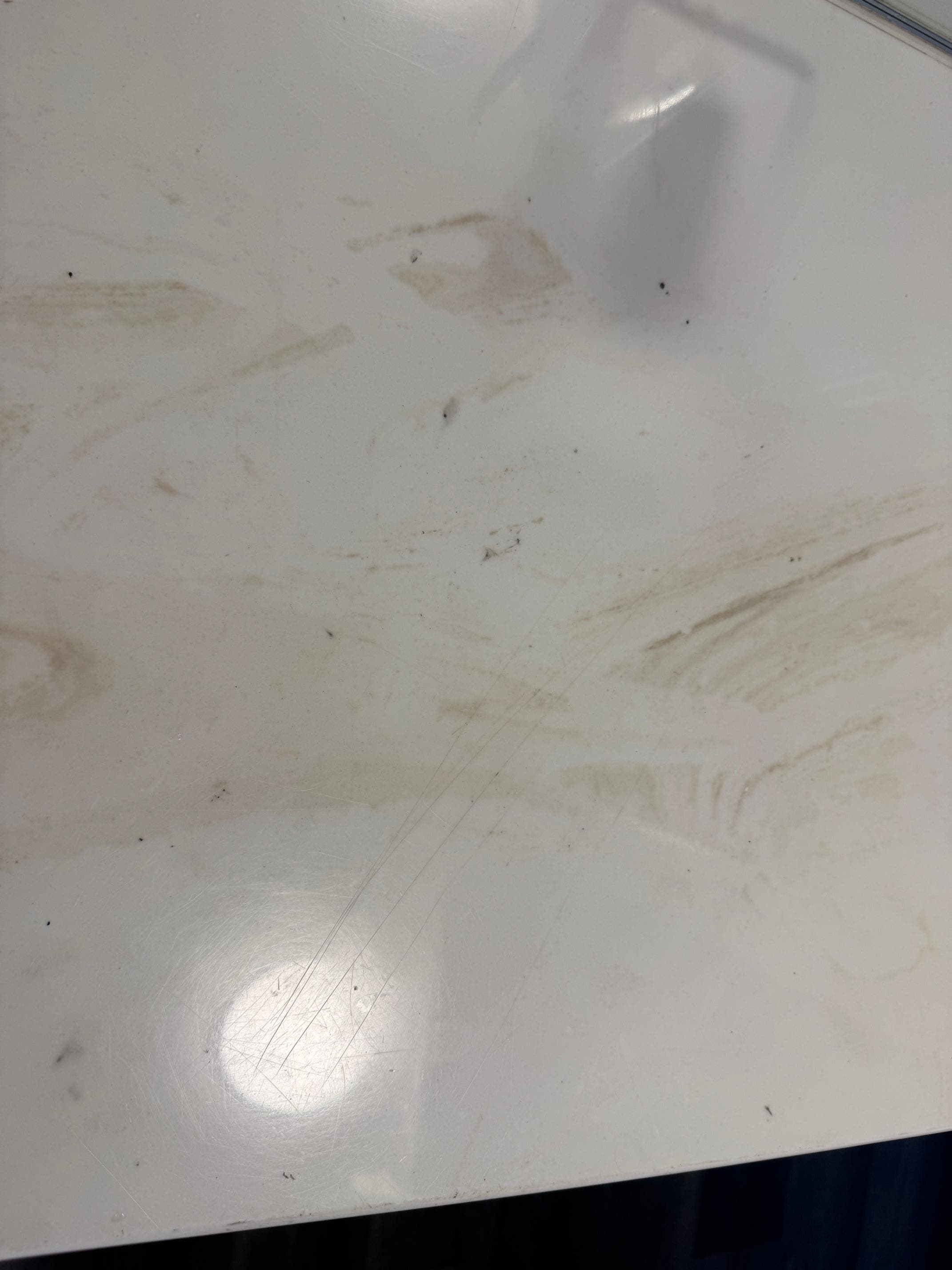 Makeup and grime on the bathroom desk