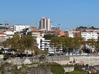View of the apartment building (the white one) from across the river