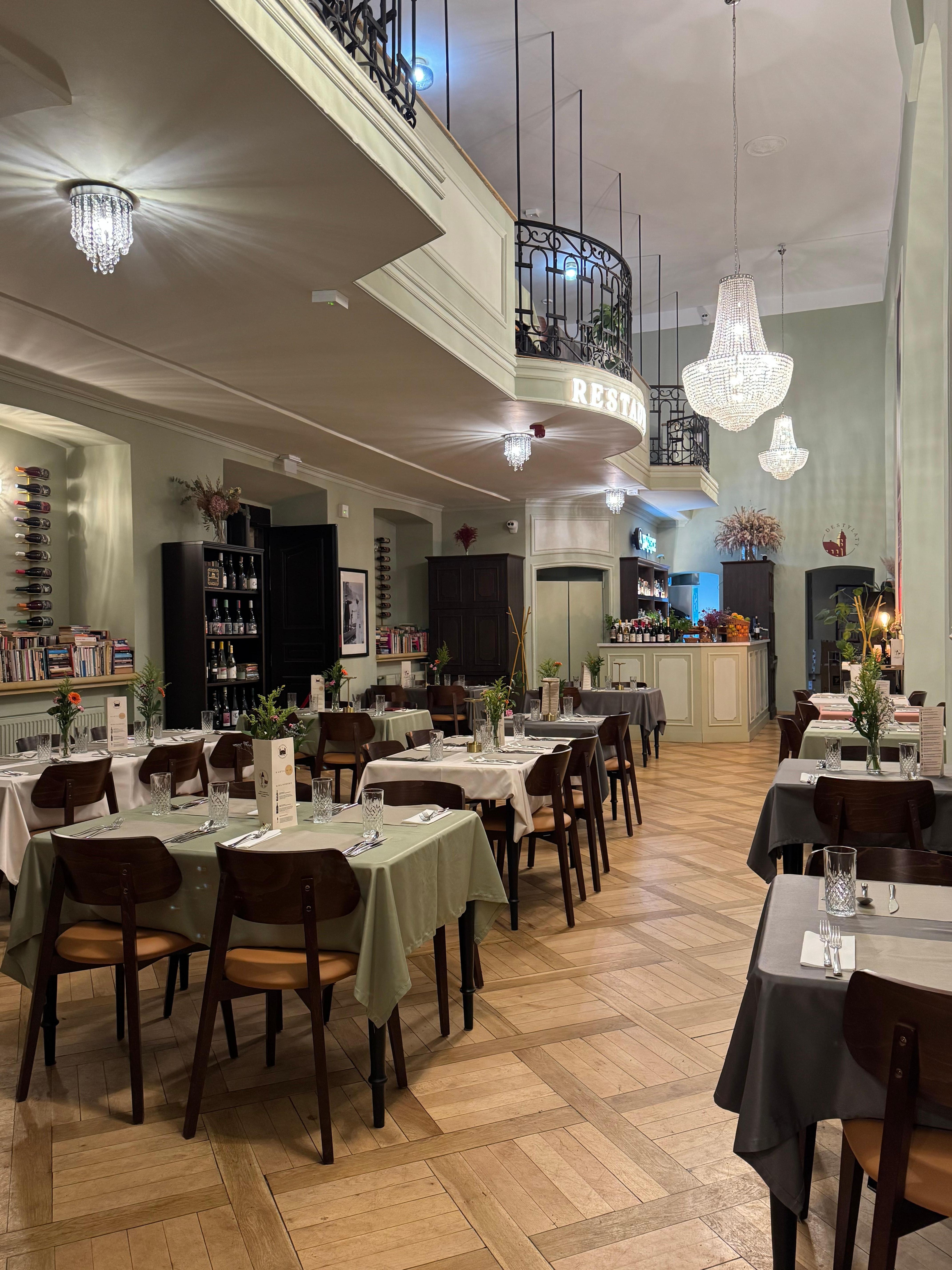 Main dining area at Restaurancja Biblioteka. 