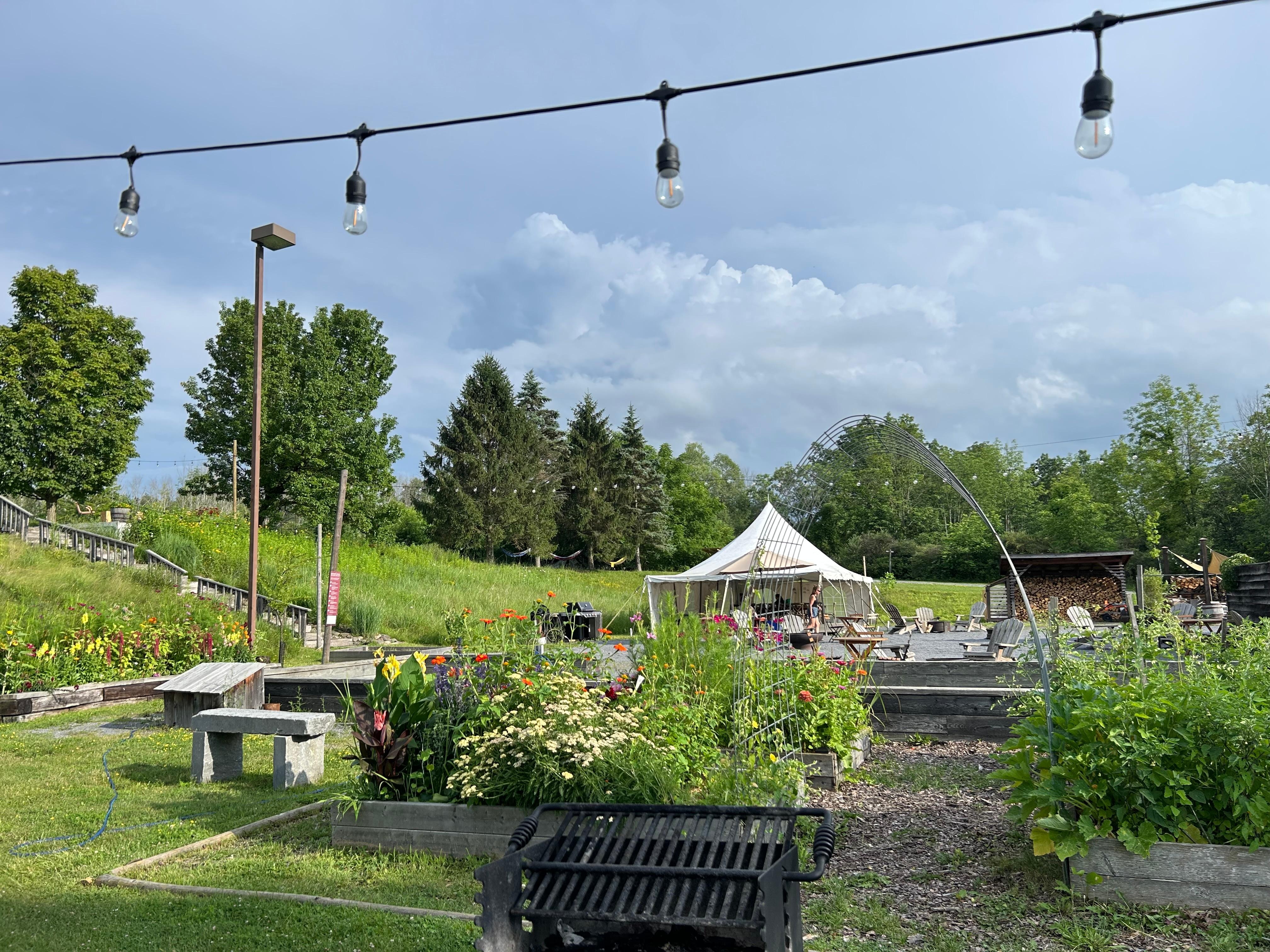 Campground grills, picnic tables, food tent