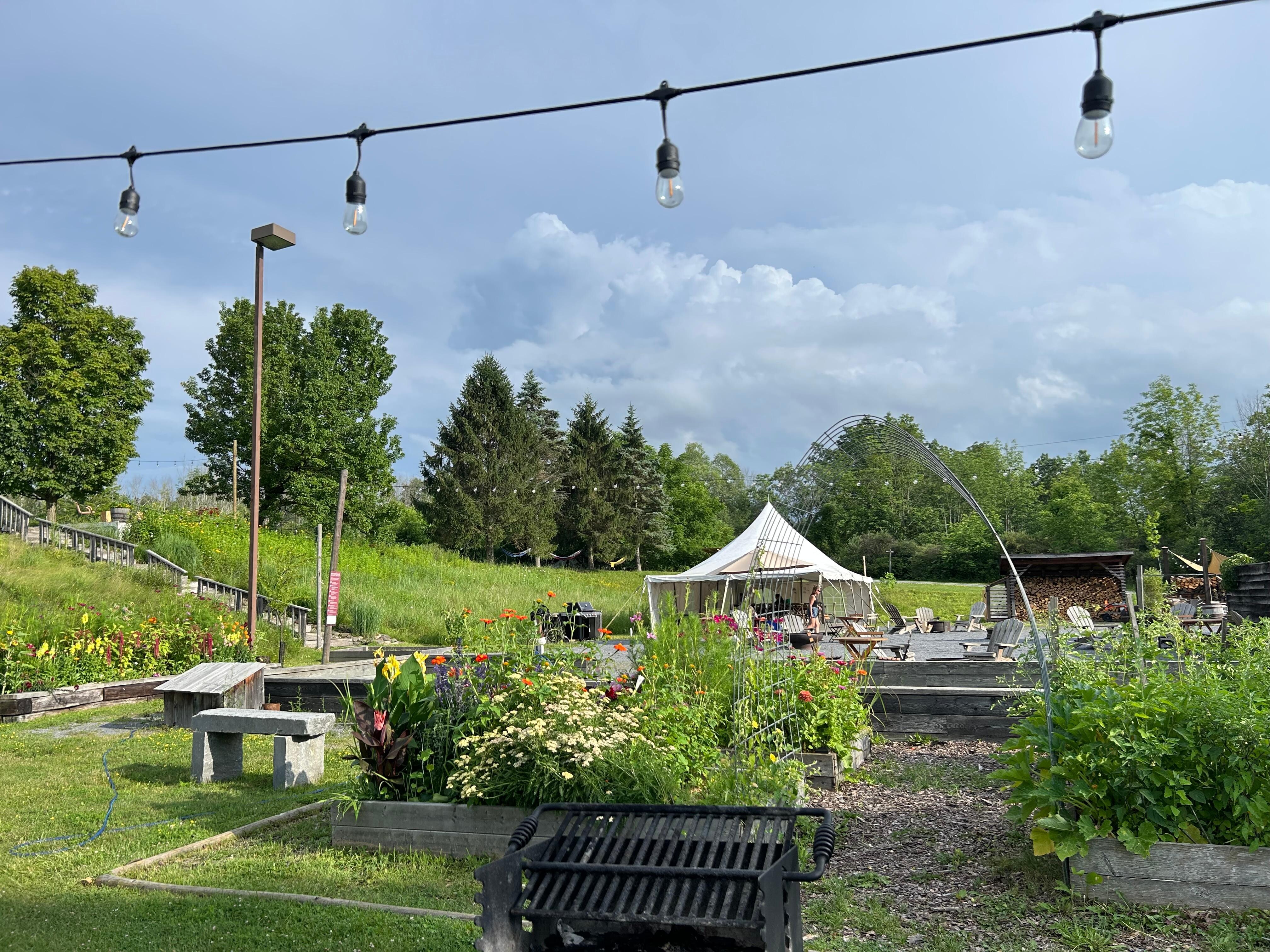Campground grills, picnic tables, food tent