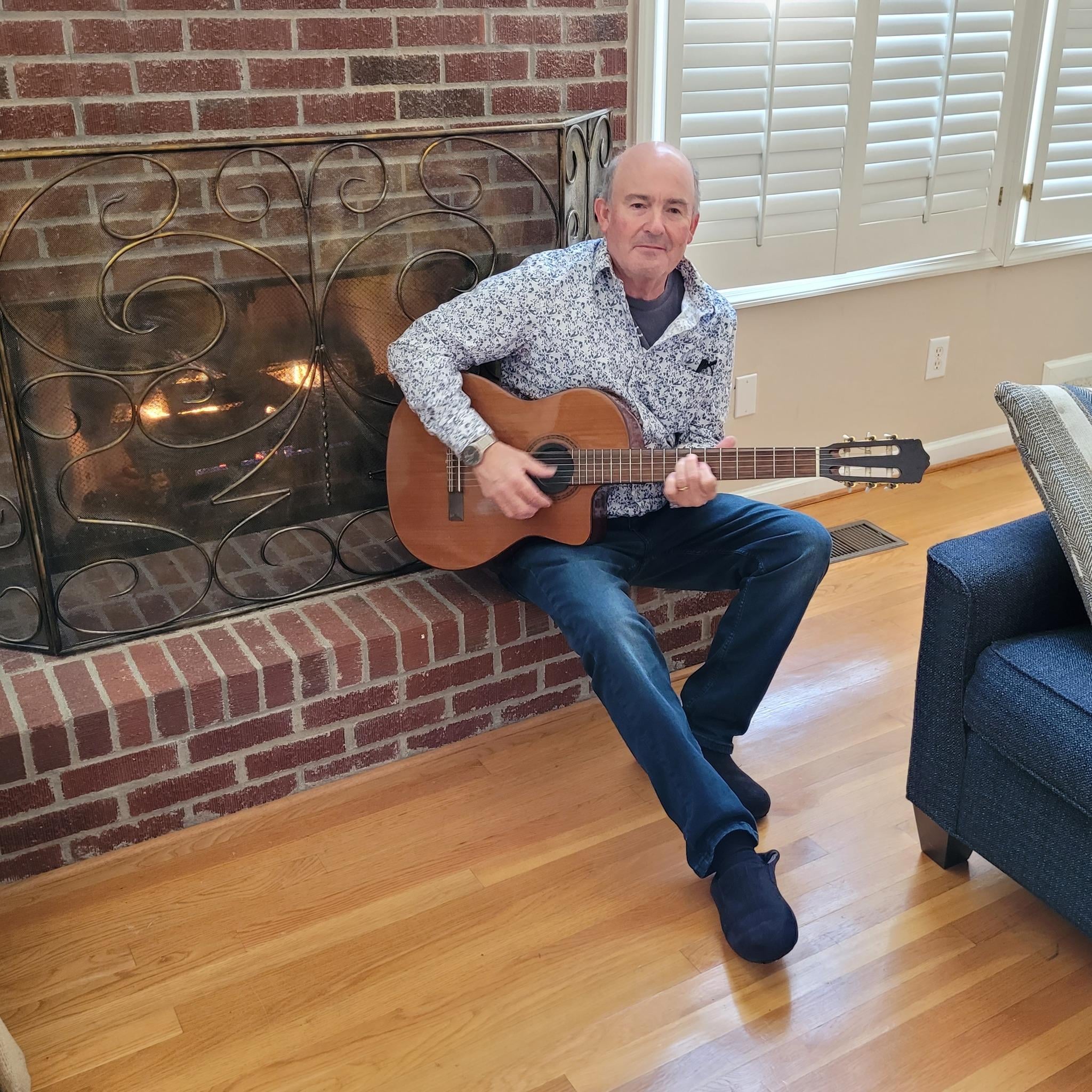 Enjoying the spacious living area and the fireplace. 