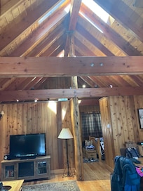 gorgeous open beams and skylights in the cablin