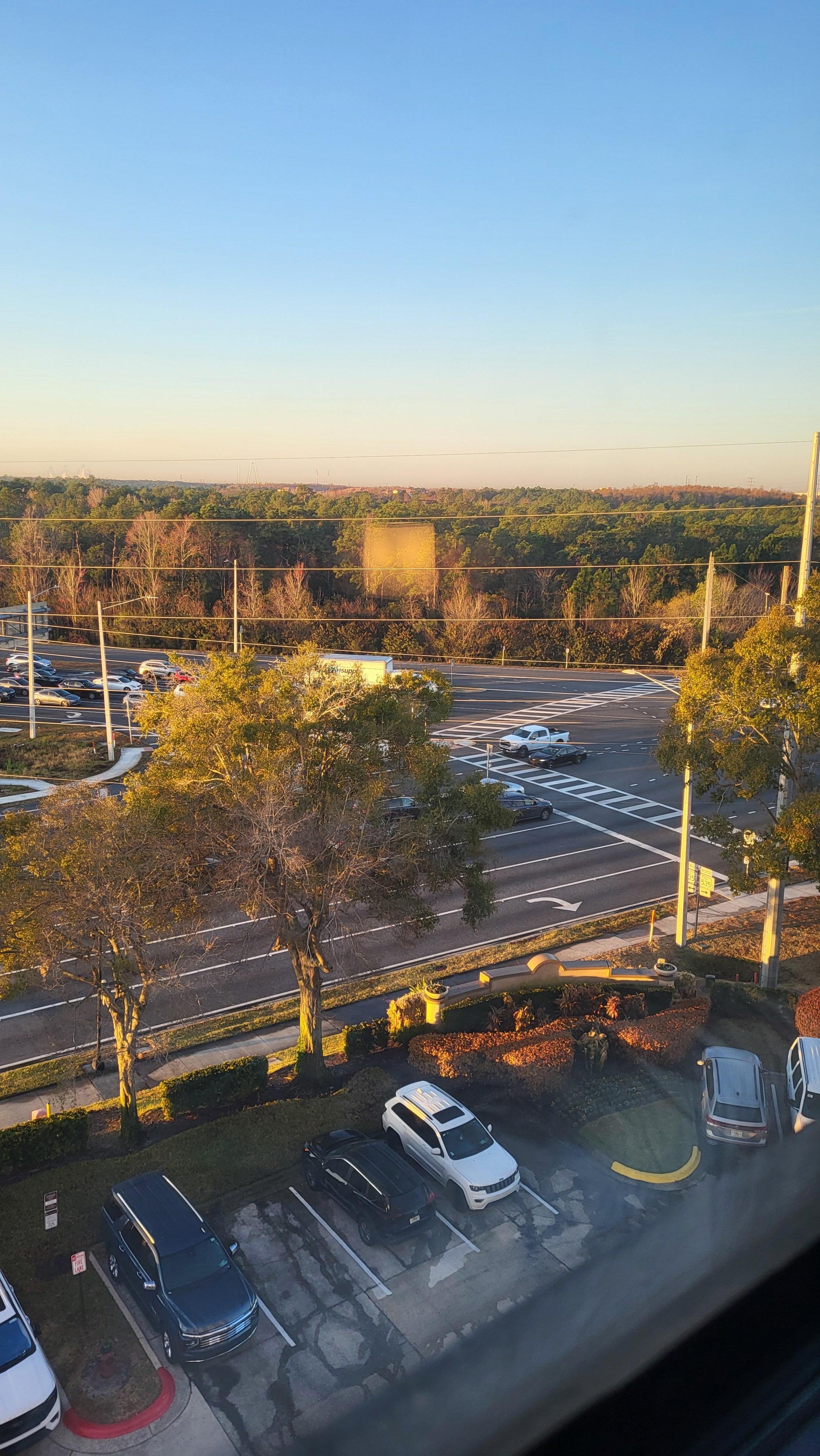 View from the front of the hotel. Request a rear room so you can watch epcot and disney fireworks in the evening. Also because the road is extremely busy with cars/bikes screaming away from the lights. 