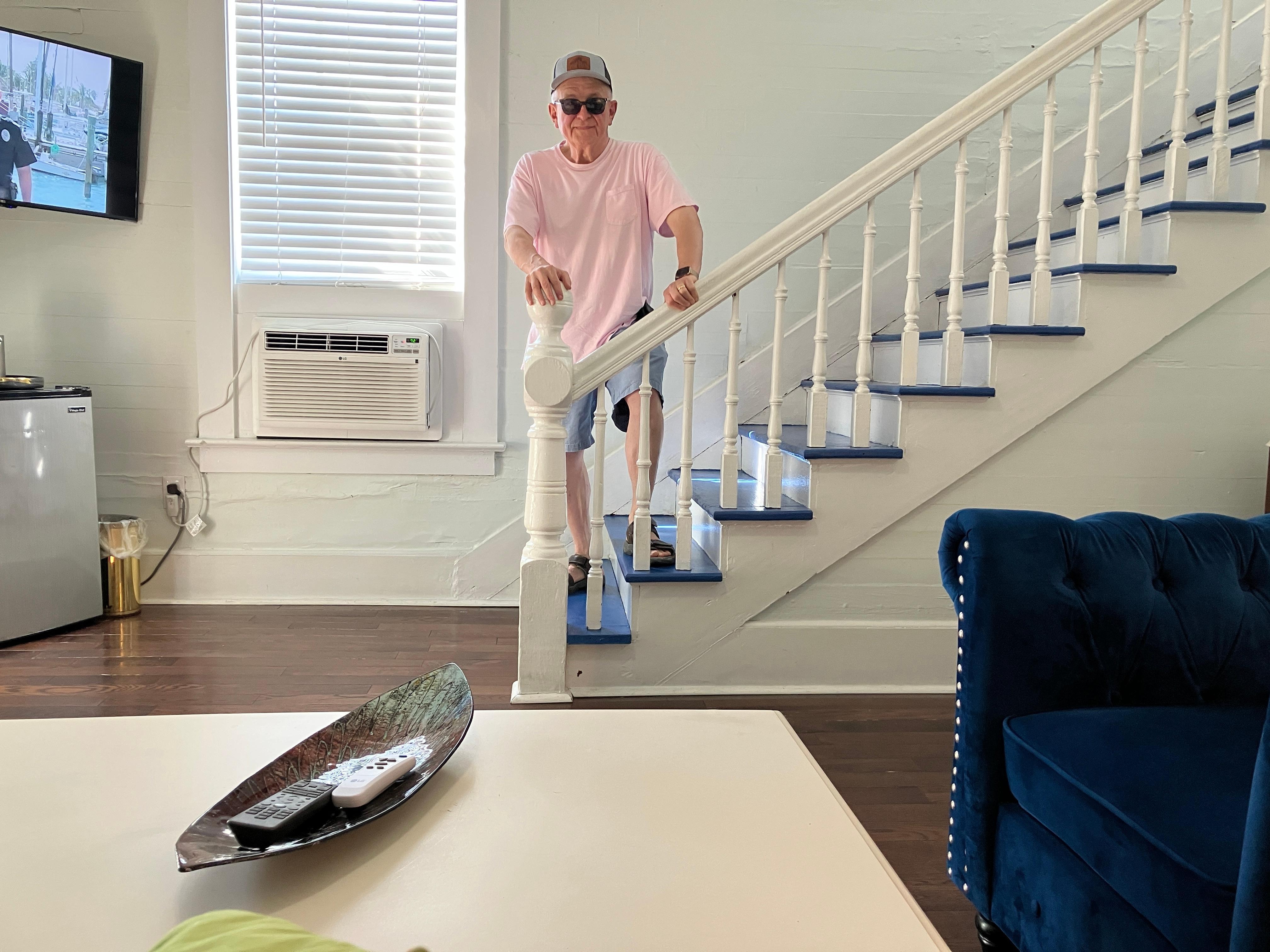 The downstairs floor had a little fridge, a microwave, a coffee maker. and a little siiting area with a couch and large flatscreen tv.