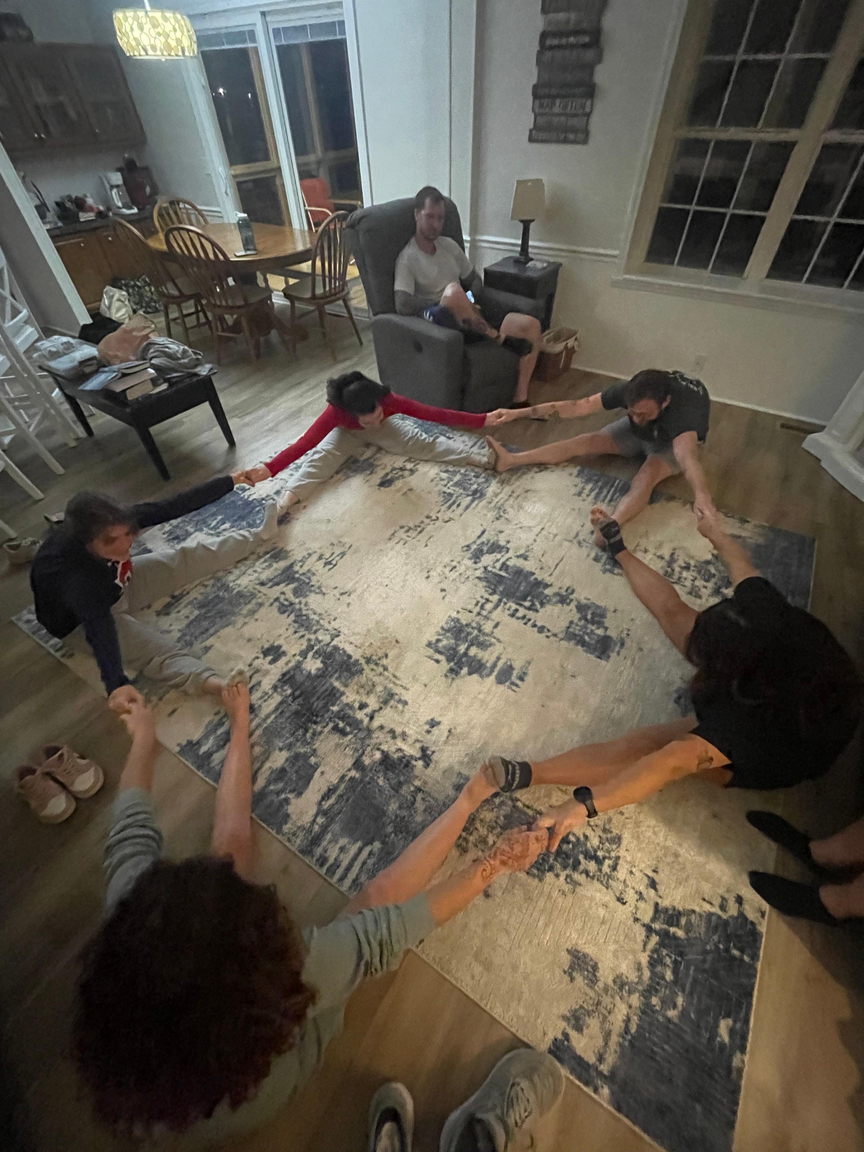 had a stretch circle in the living room to get ready for the spartan race we were doing in Newberry Sunday morning