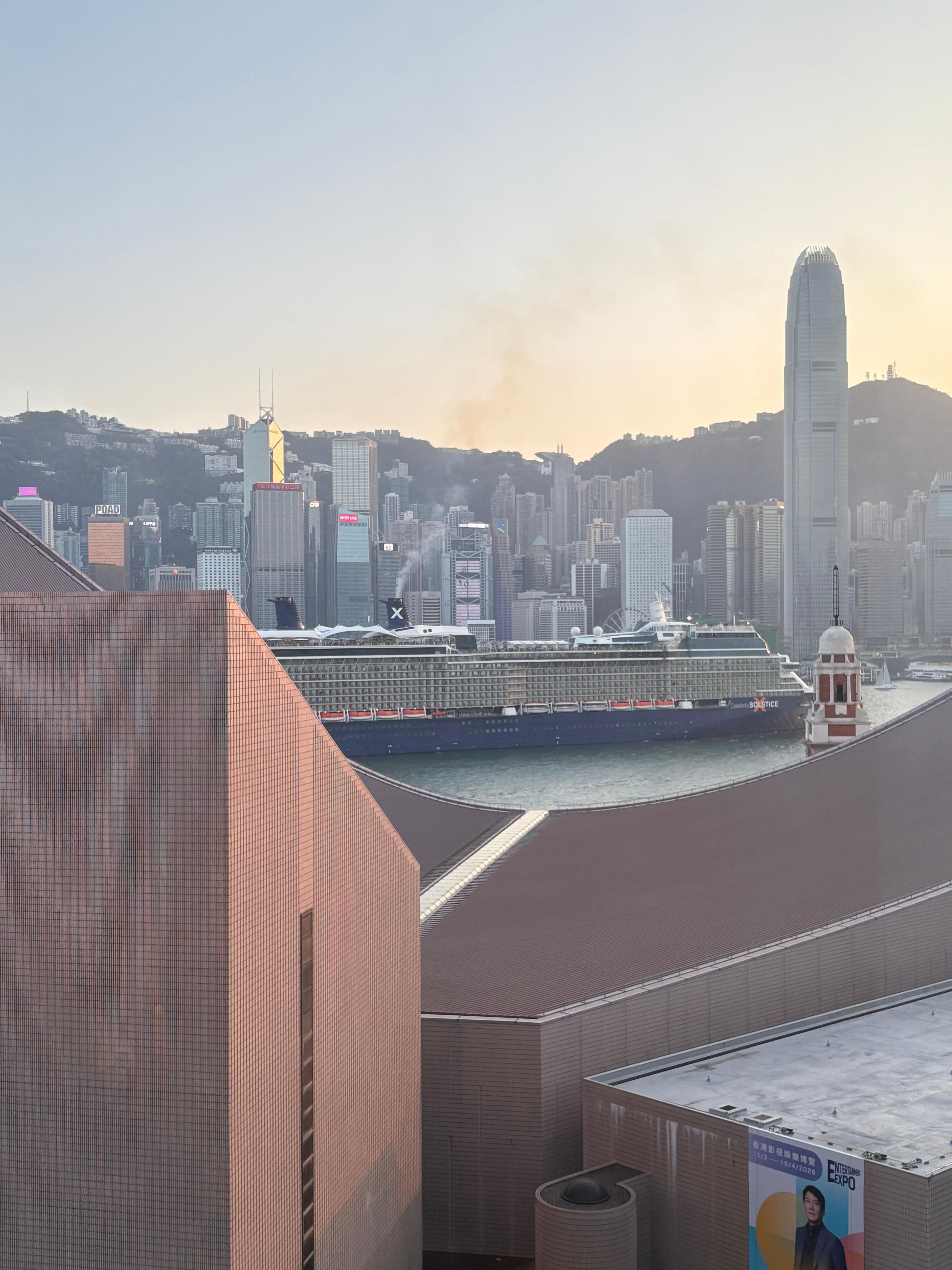 The view from our room of Victoria Harbour as the Celebrity Solstice sails away. 
