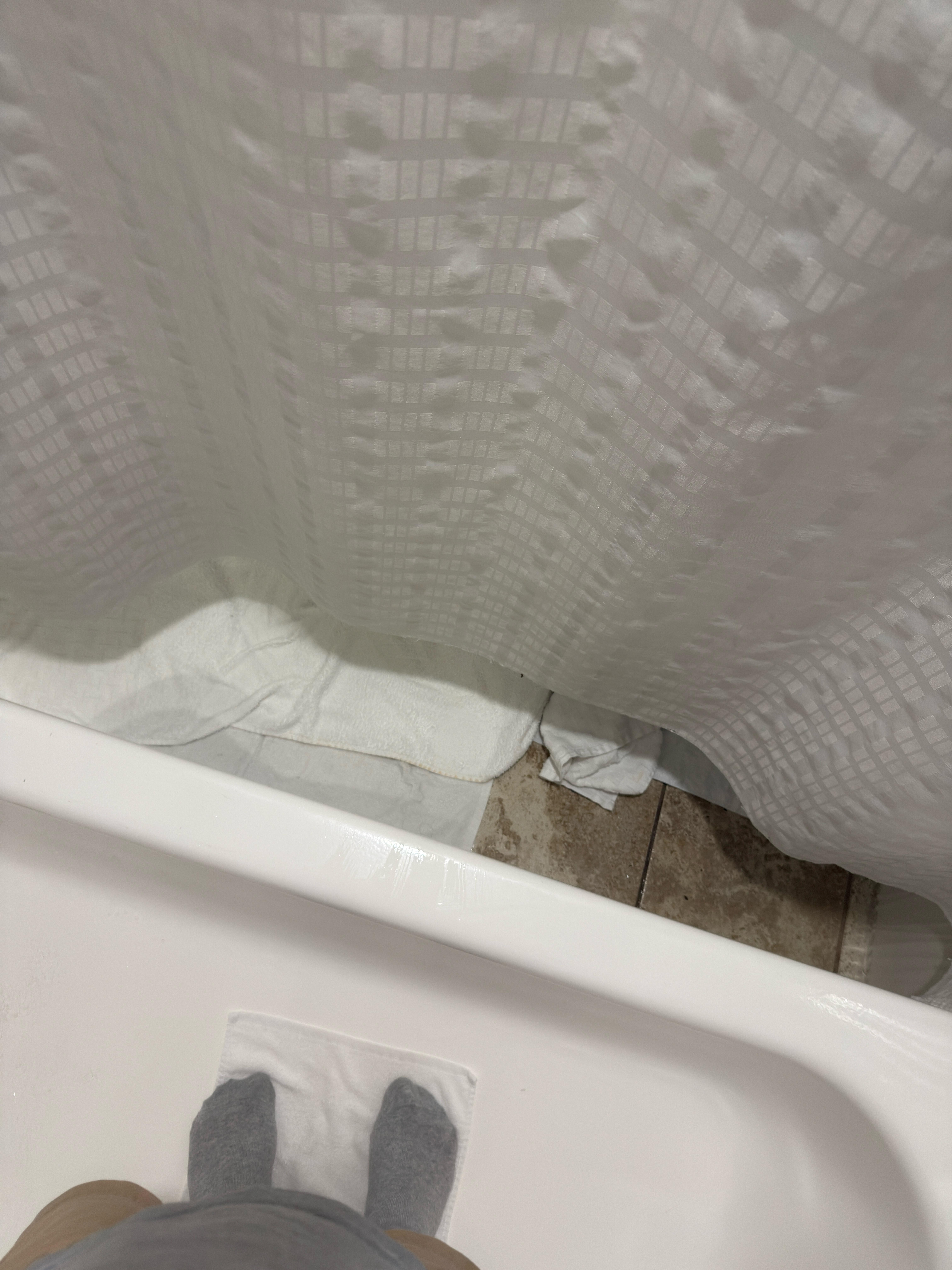 No shower liner and curtain rod is too far from tub for curtain to hold any water in tub. Floor became a lake which caused a fall/injury. Staff was NOT concerned or apologetic. 