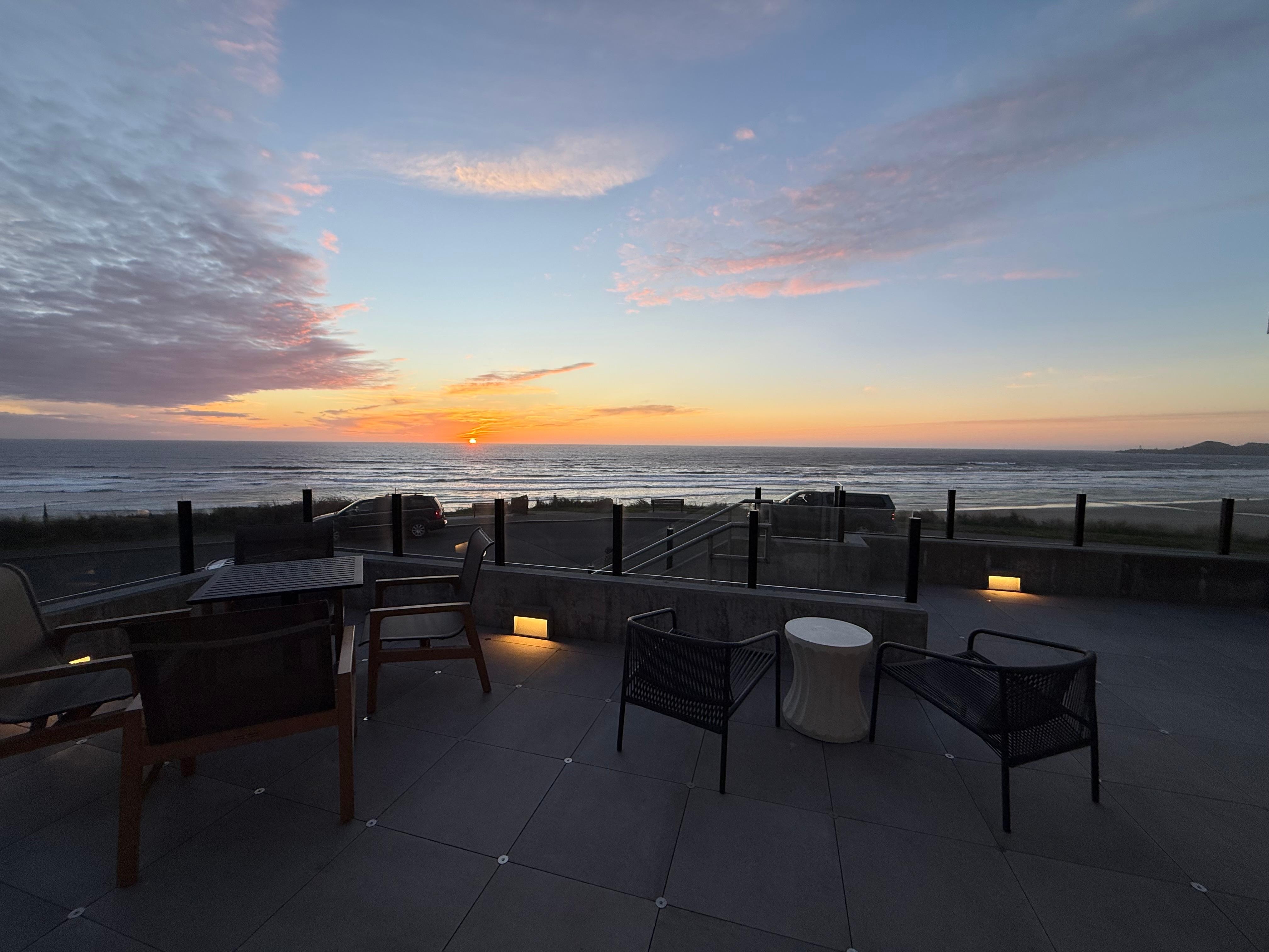 Bar/restaurant back patio at sunset.