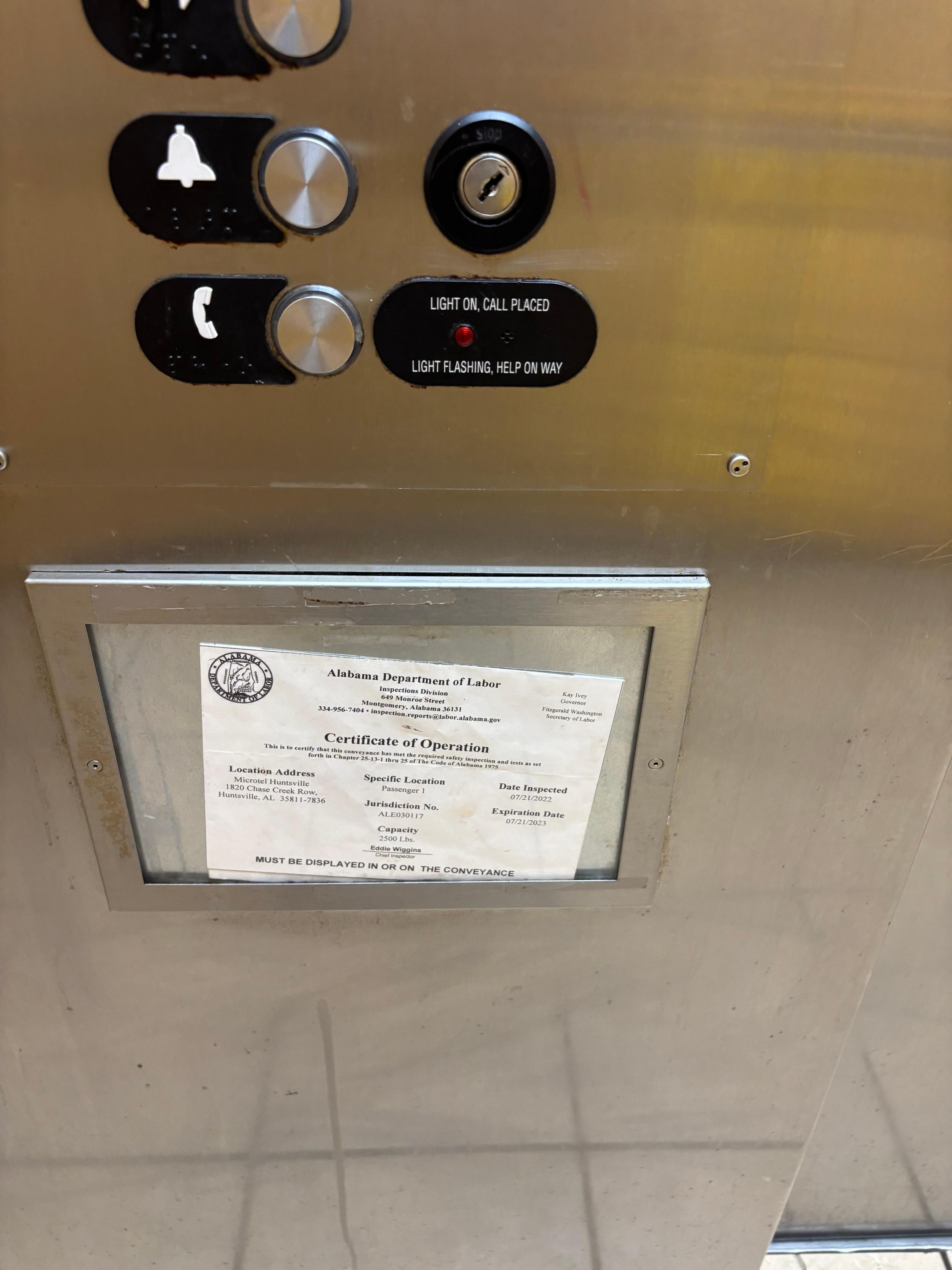 Elevator not inspected since 2022, it jumps and lurches, likely unsafe. 