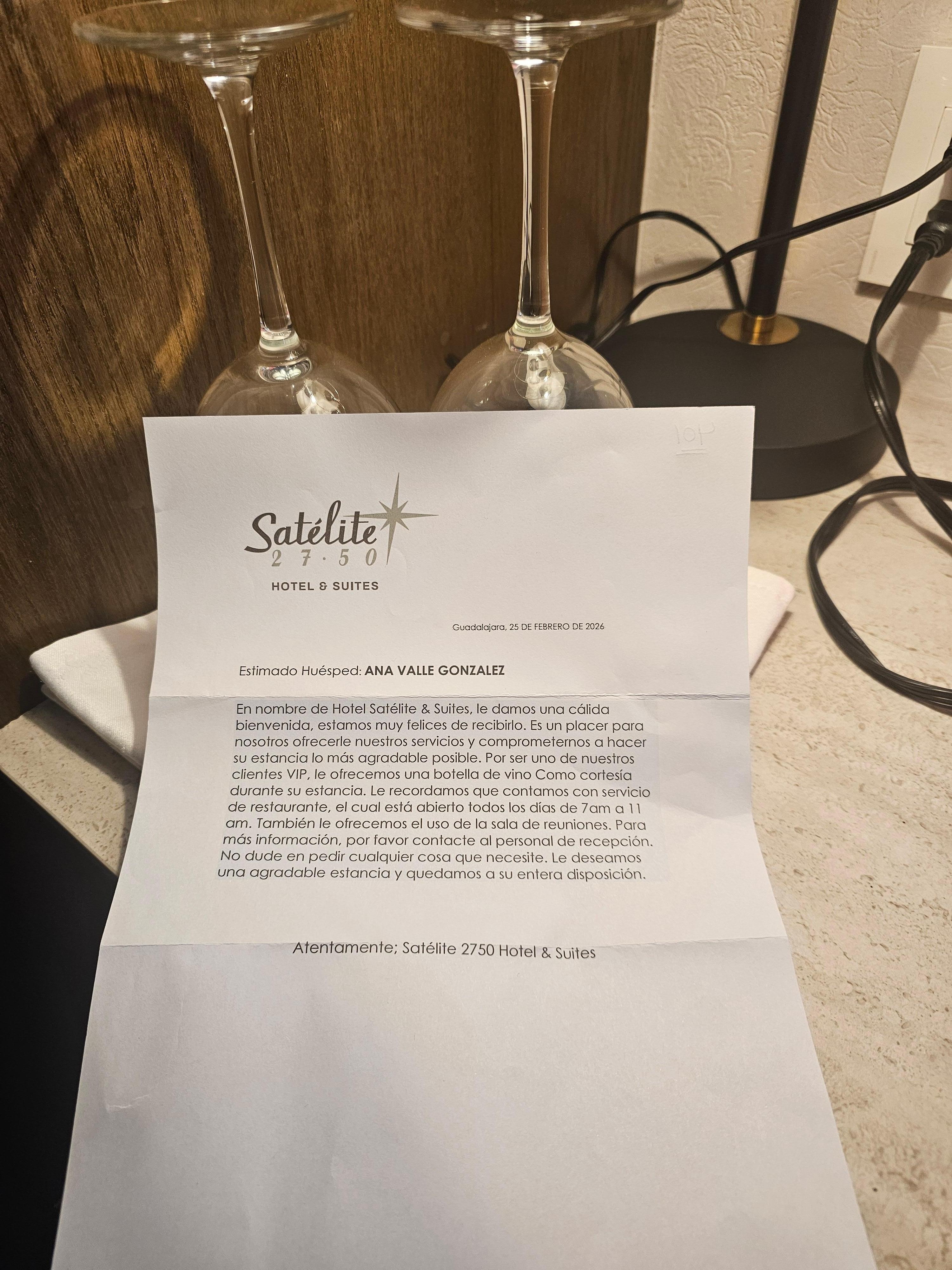 When we arrived, a complimentary bottle of wine and this note was waiting at our room.
