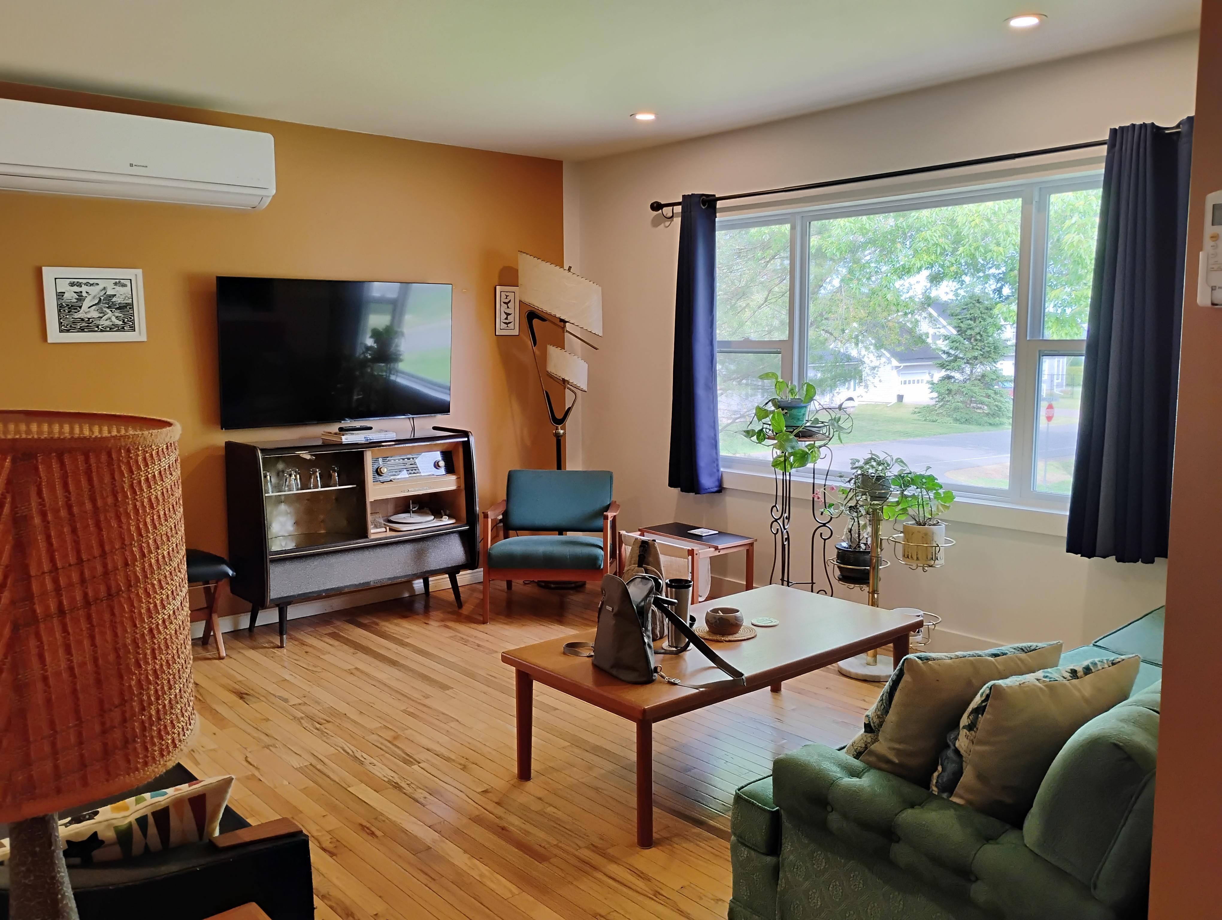 Living room- great space for relaxing and conversation with fun mid-mod flair.
