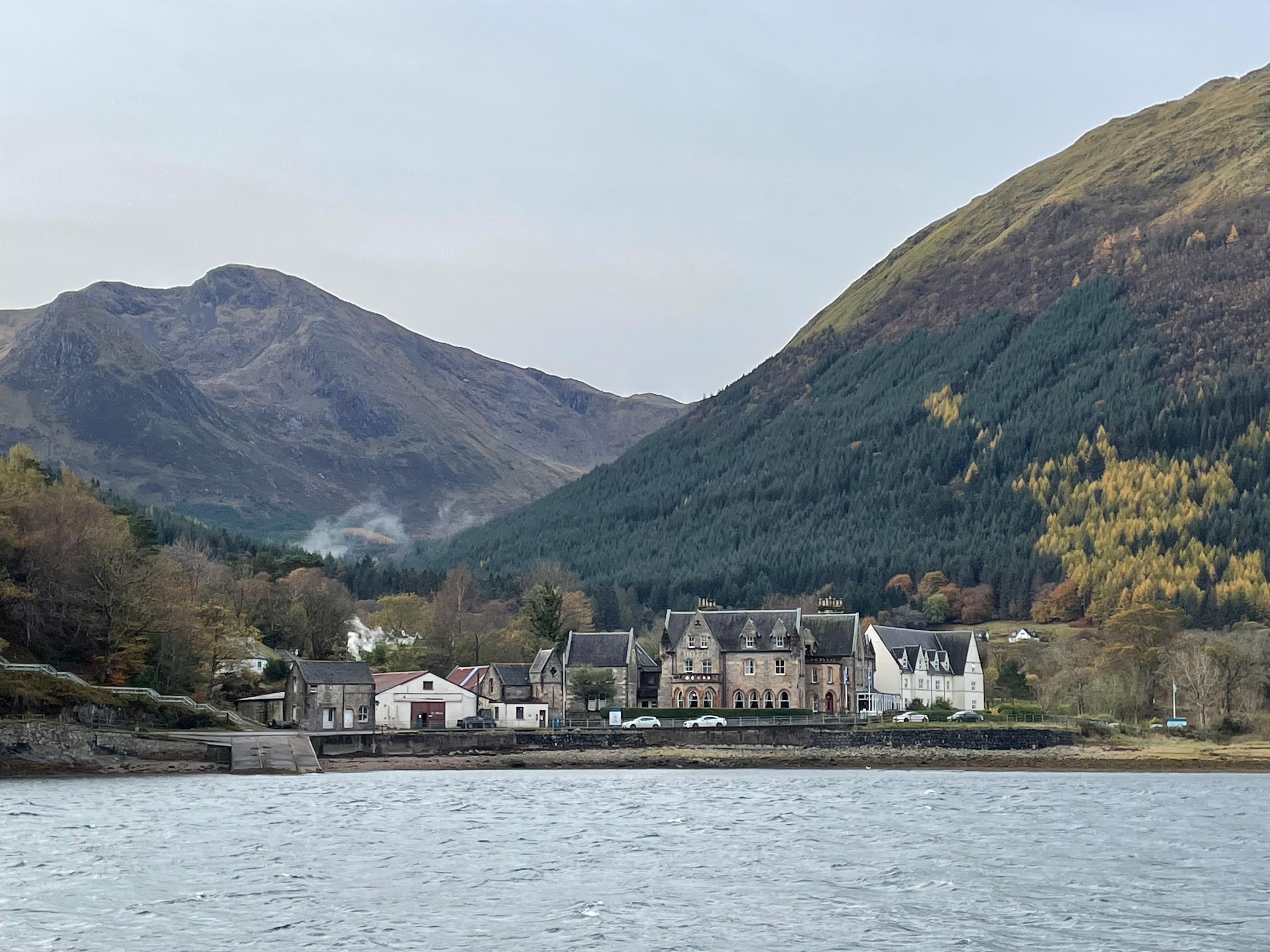 View from outside the hotel across the loch