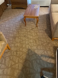 Heavily stained carpet and cleaning rag left in room