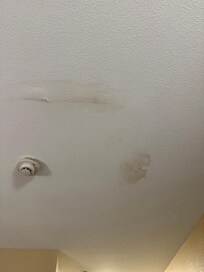 Water stains on ceiling and missing grout around tile in bathroom floors .