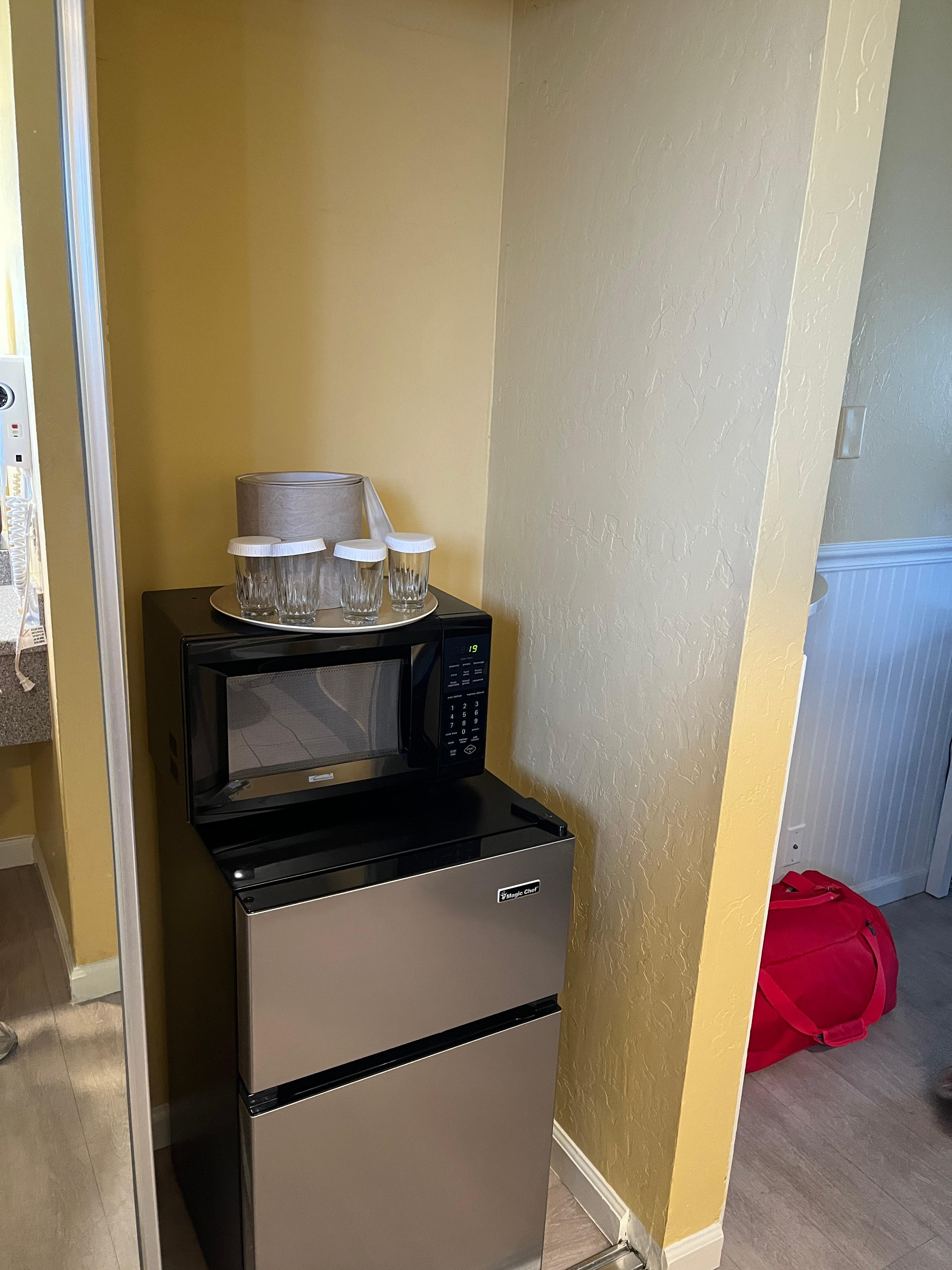 Nice sized fridge and microwave. Mini fan also available. 
