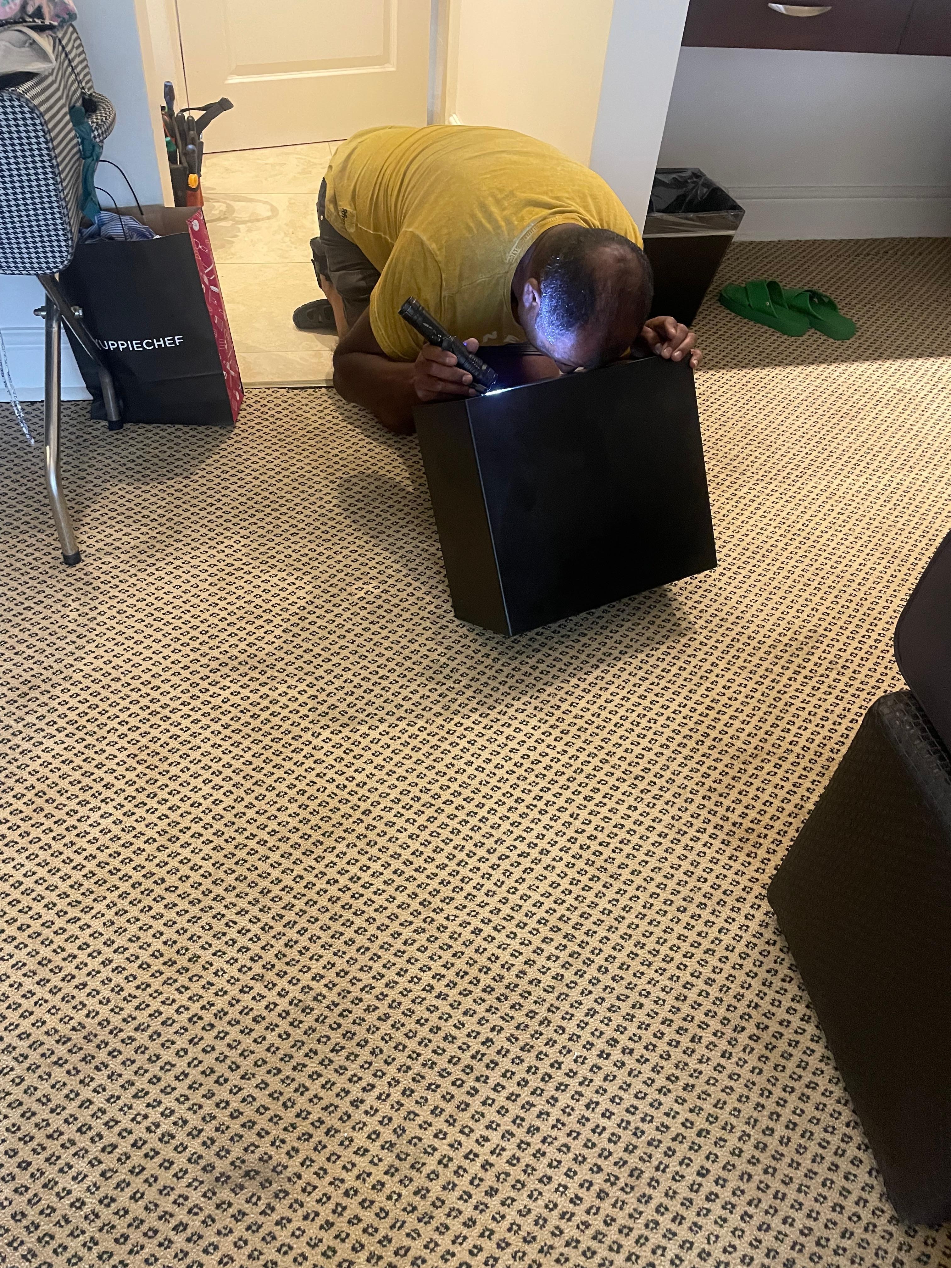 Safe wouldn’t open so engineer came out to fix and saw it was not bolted to anything 
What A Joke 