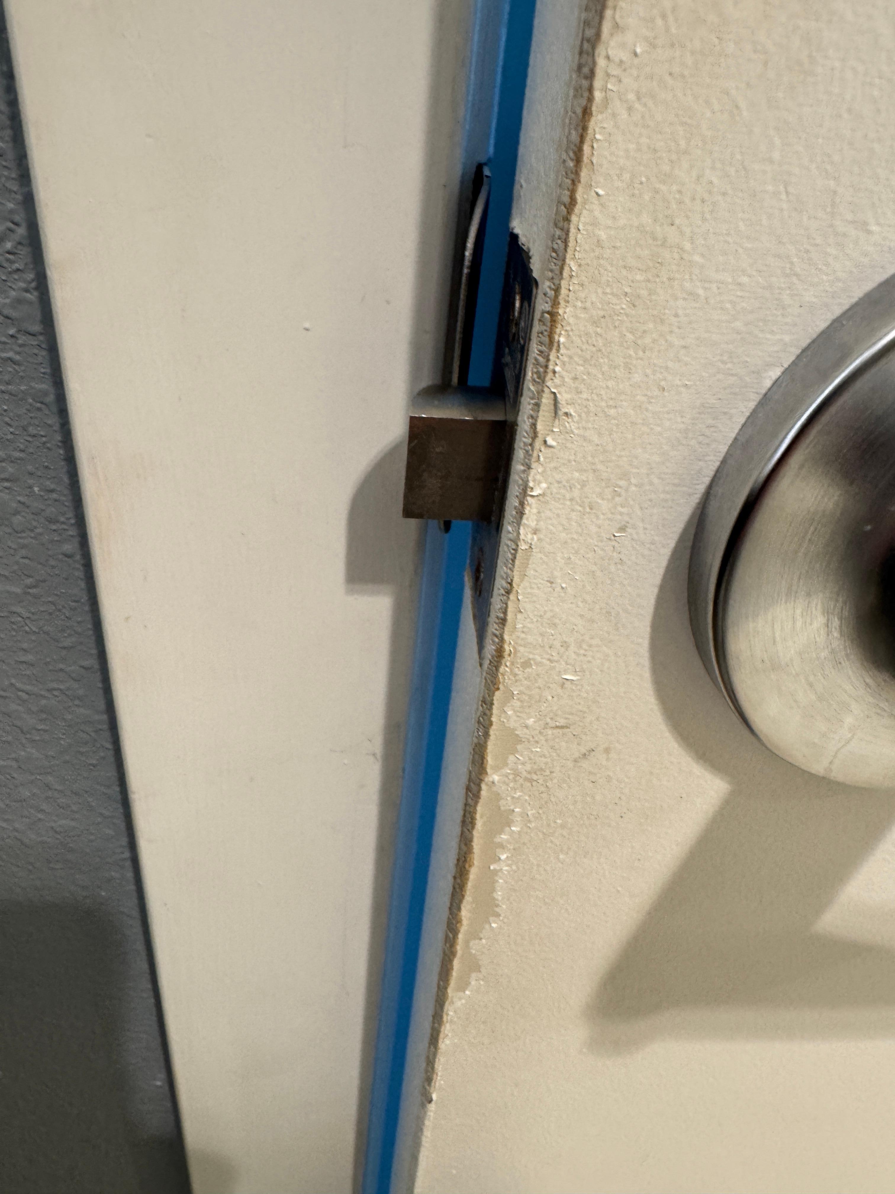 Door extremely out of level in the bathroom and would not close or lock normally.