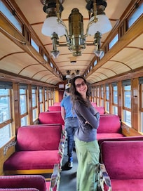 At the railroad museum. (go past the cars with tables all the way to the end of the train to get to ride in this beautifully maintained vintage car!)