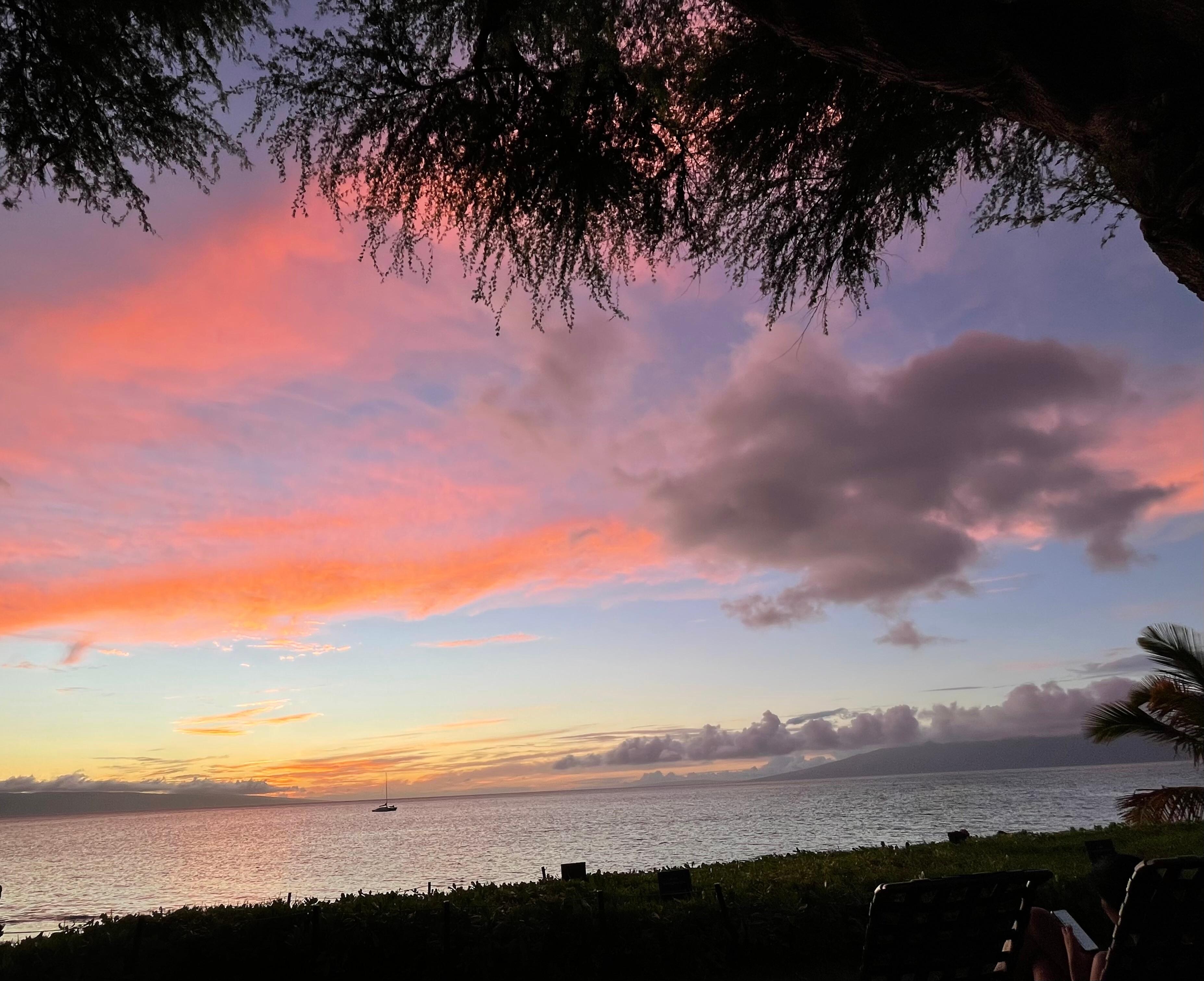 Sunset from lounge chair on property.