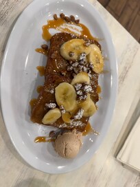 Banana bread French toast w caramel drizzle and cinnamon butter. Lincoln Square pancake house.