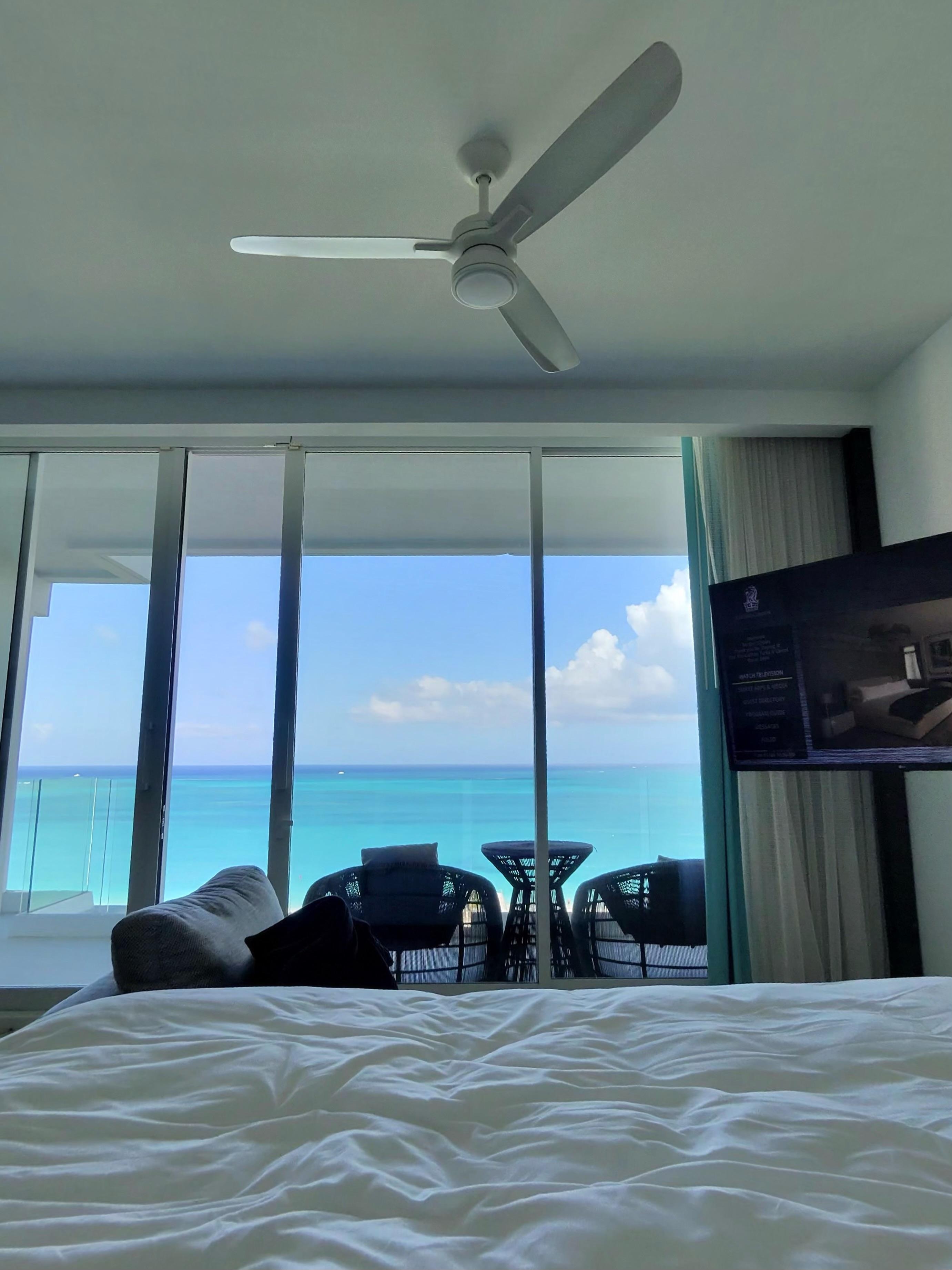 The bed looking out to the big balcony