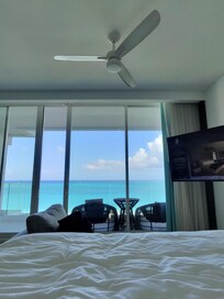 The bed looking out to the big balcony