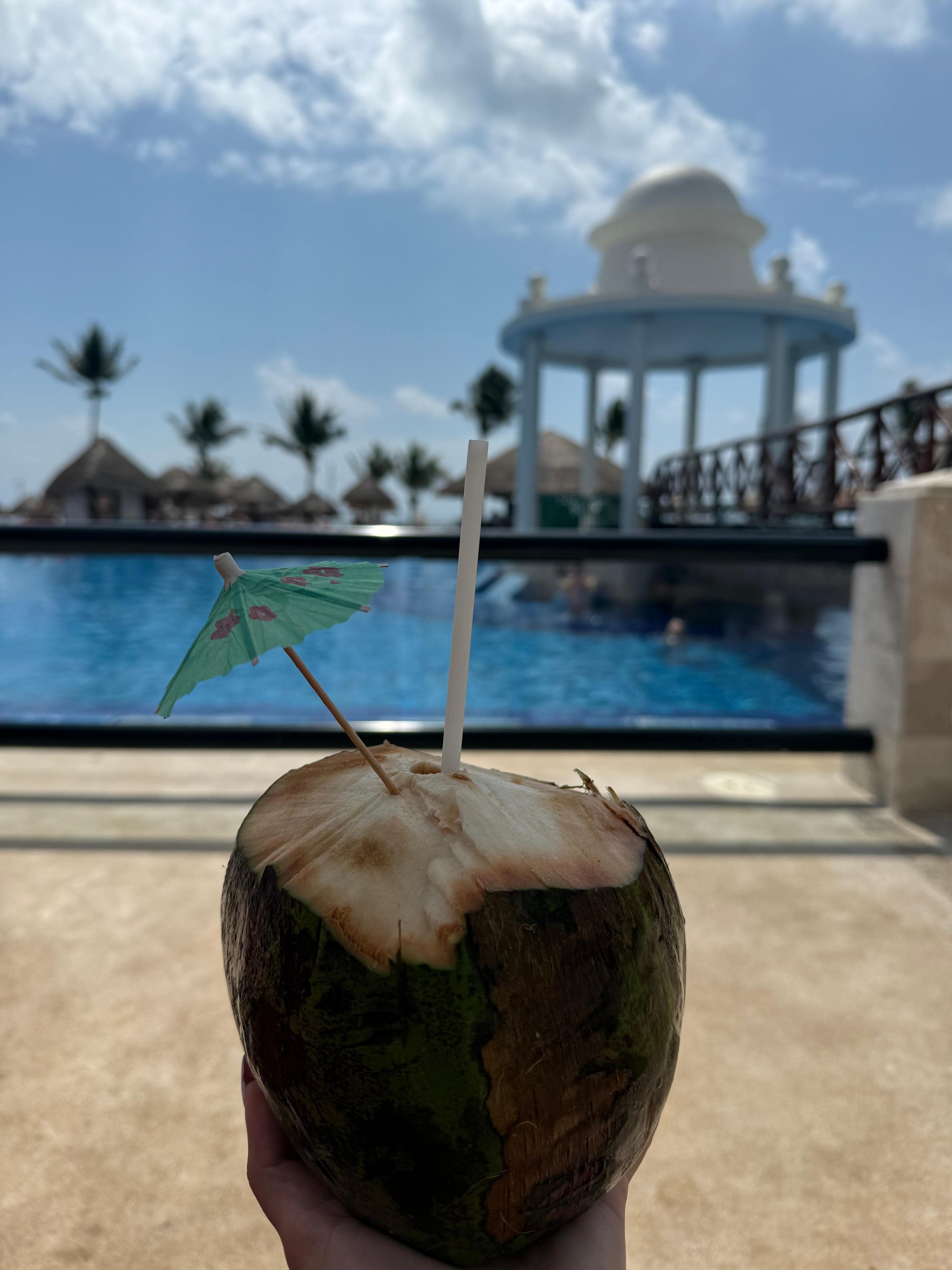 5 USD 
fresh coconut by the main pool.