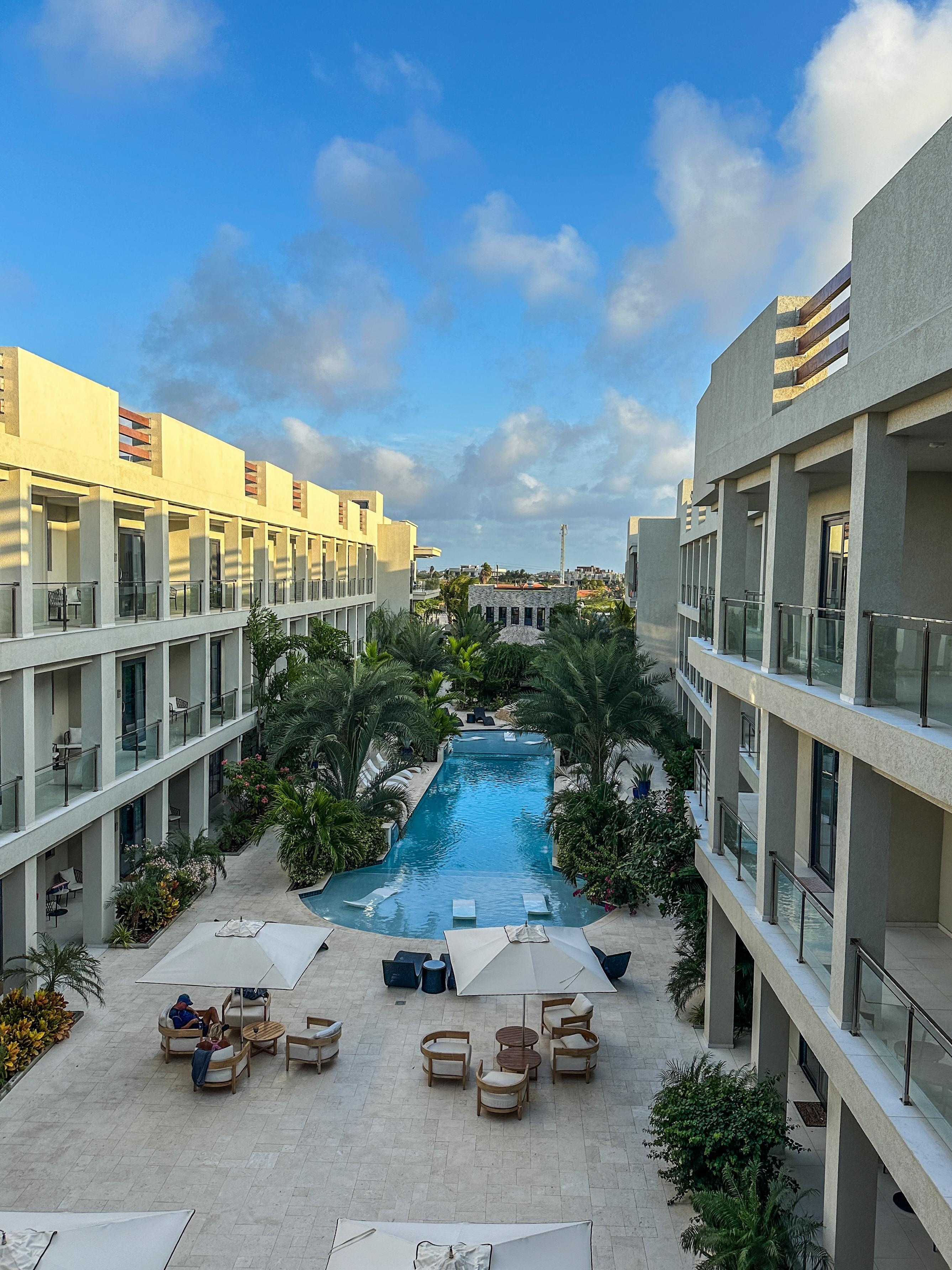The view from outside our room, facing the courtyard. There is ample seating that was always available.