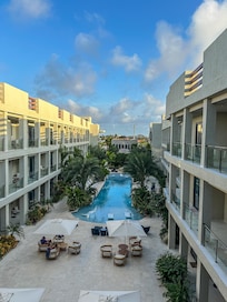 The view from outside our room, facing the courtyard. There is ample seating that was always available.