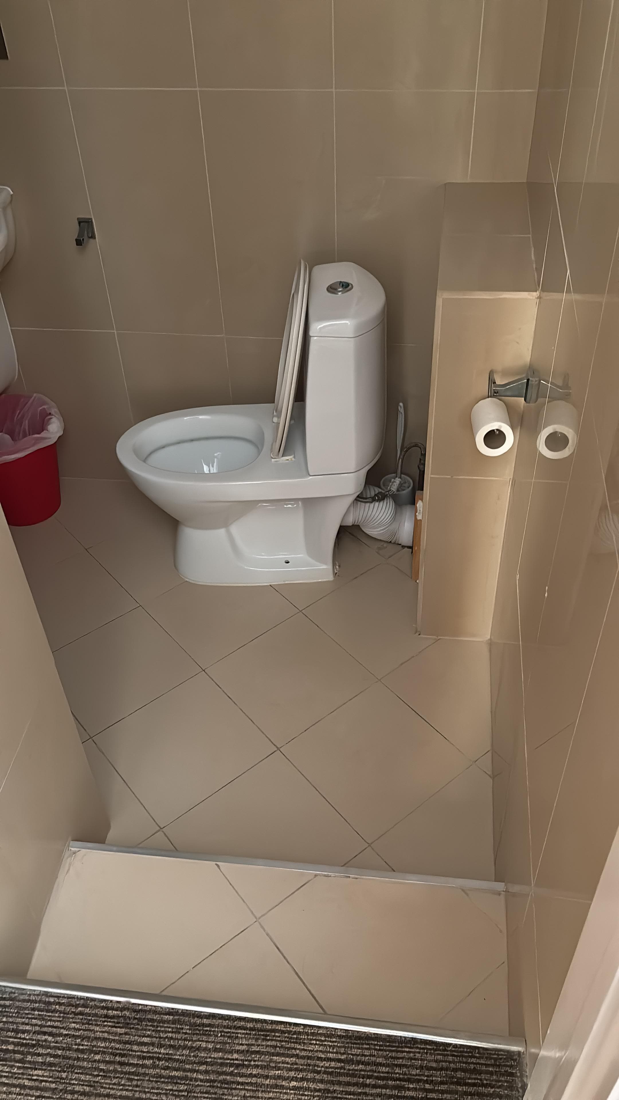 Weirdly shaped toilet in the bathroom with toilet paper in an inaccessible place once aeated