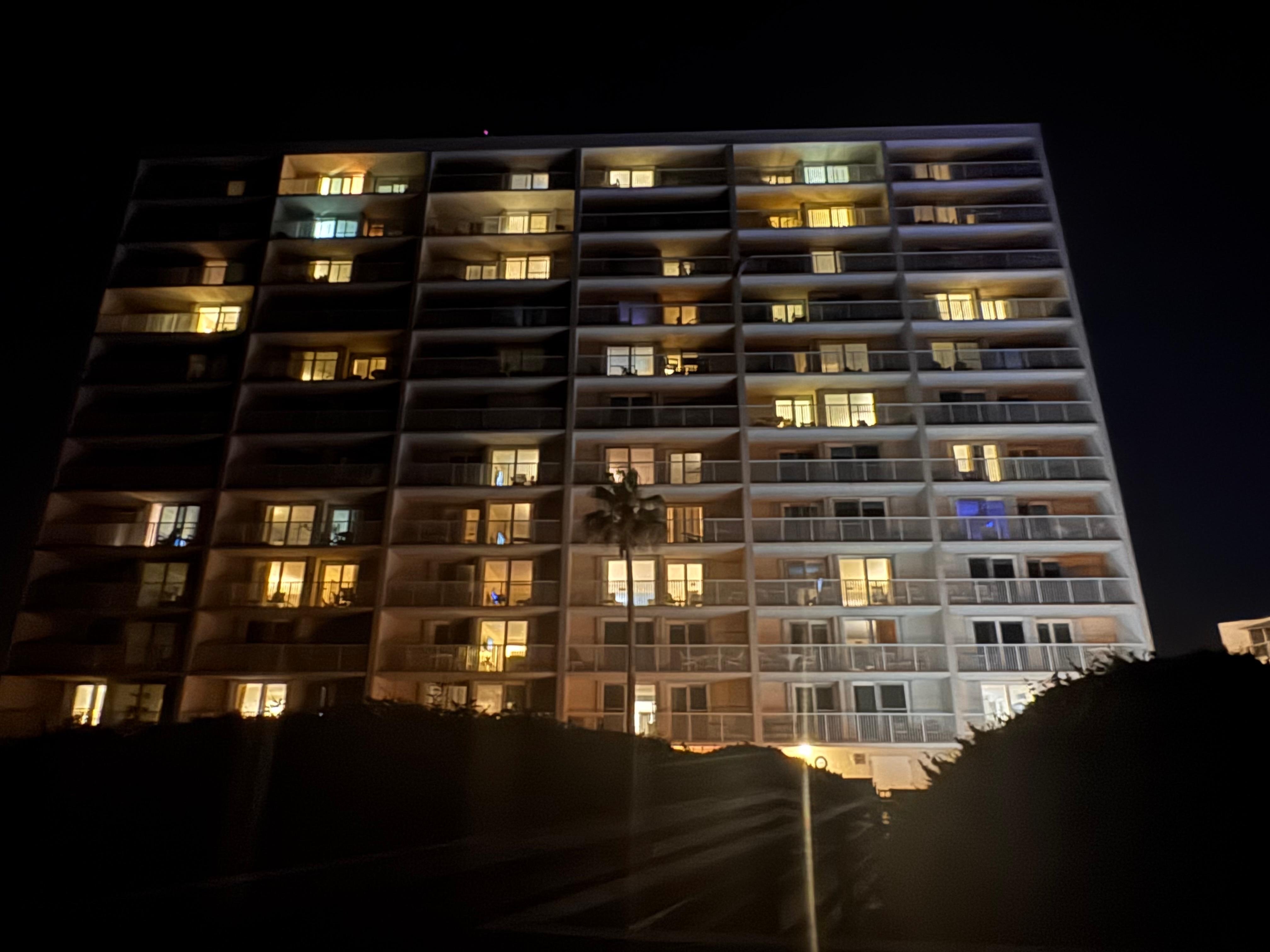 Night view of the condominium from the stairs to the beach. 