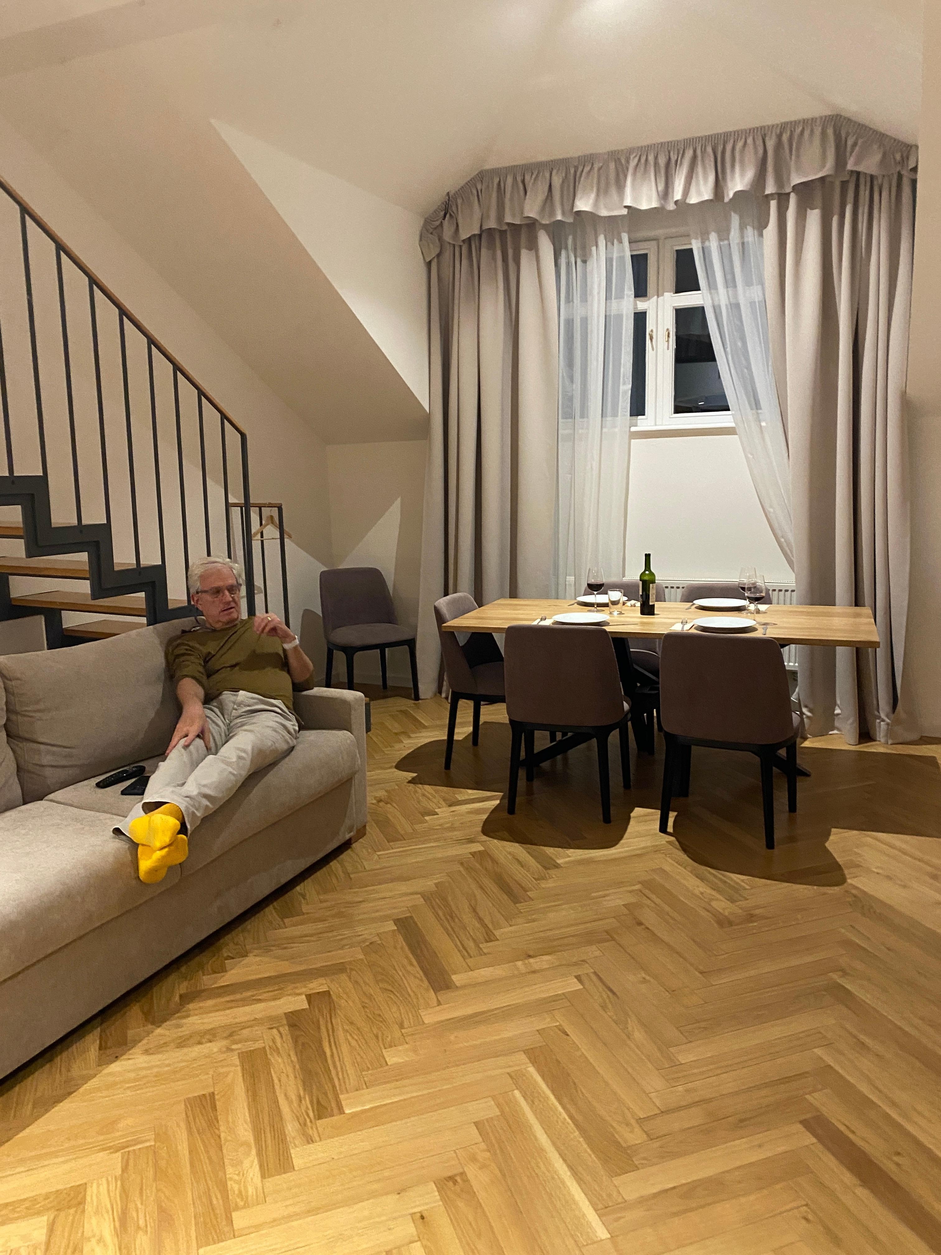 Living room area. Couch pulls out to a double bed.