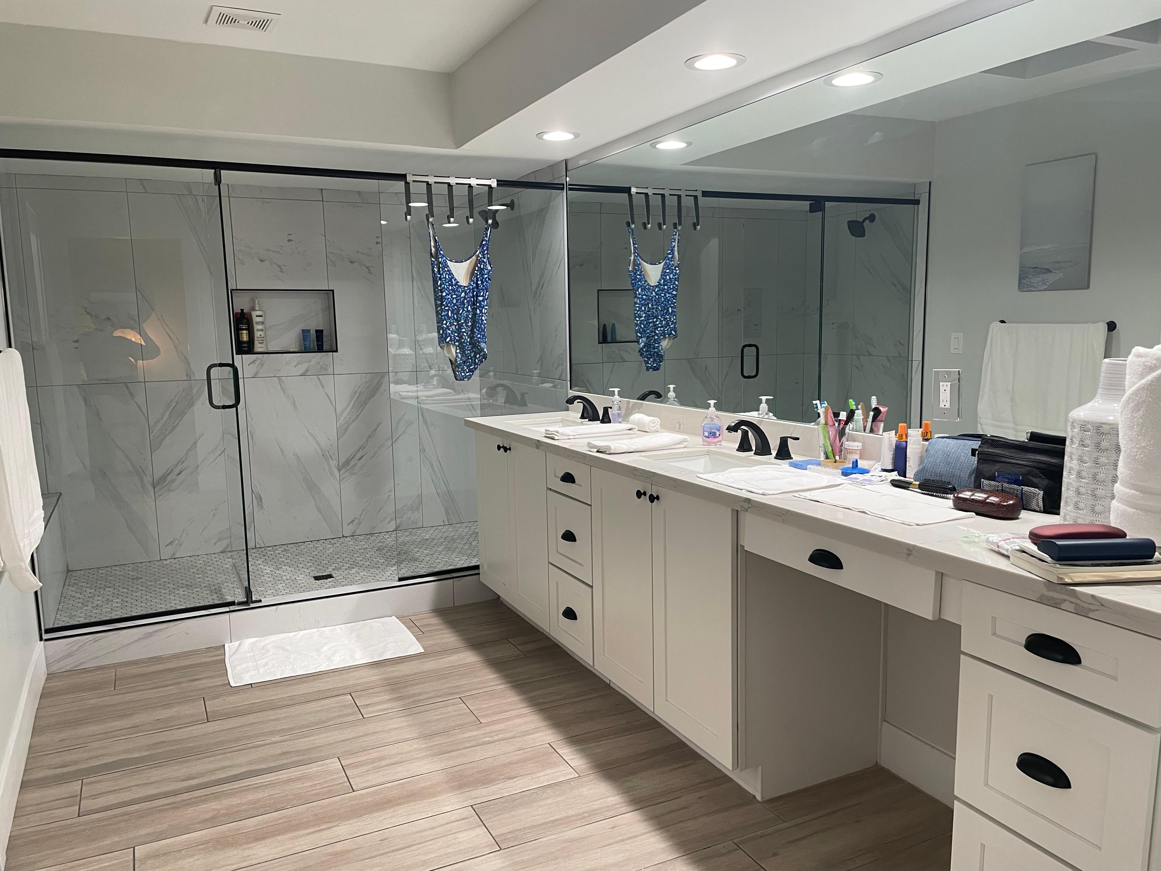 Excuse my clutter in bathroom. Great shower,