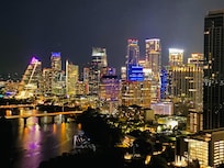 View at night from rooftop pool.