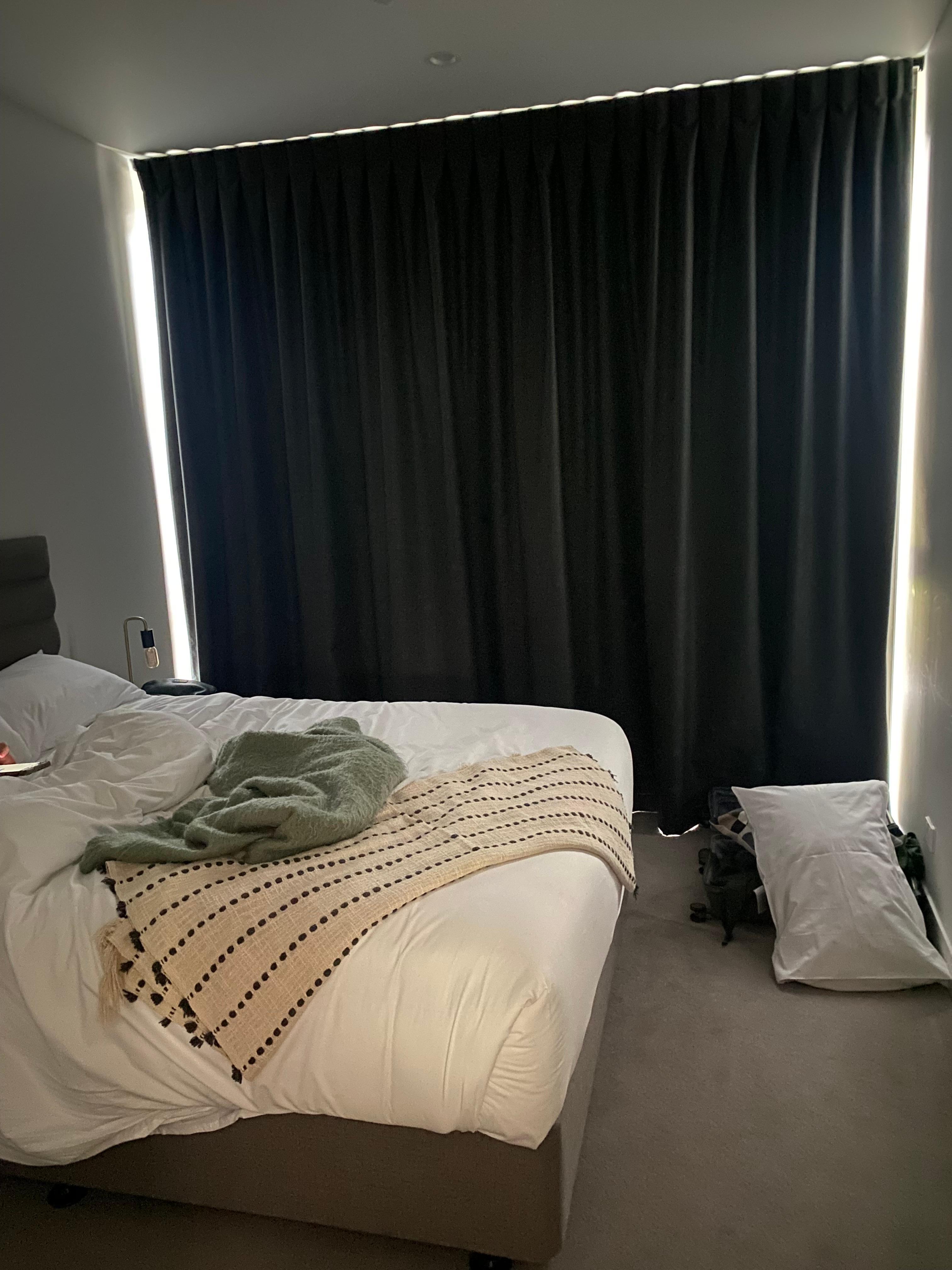 Bedroom at night - very bright due to carpark lights that do not switch off. 