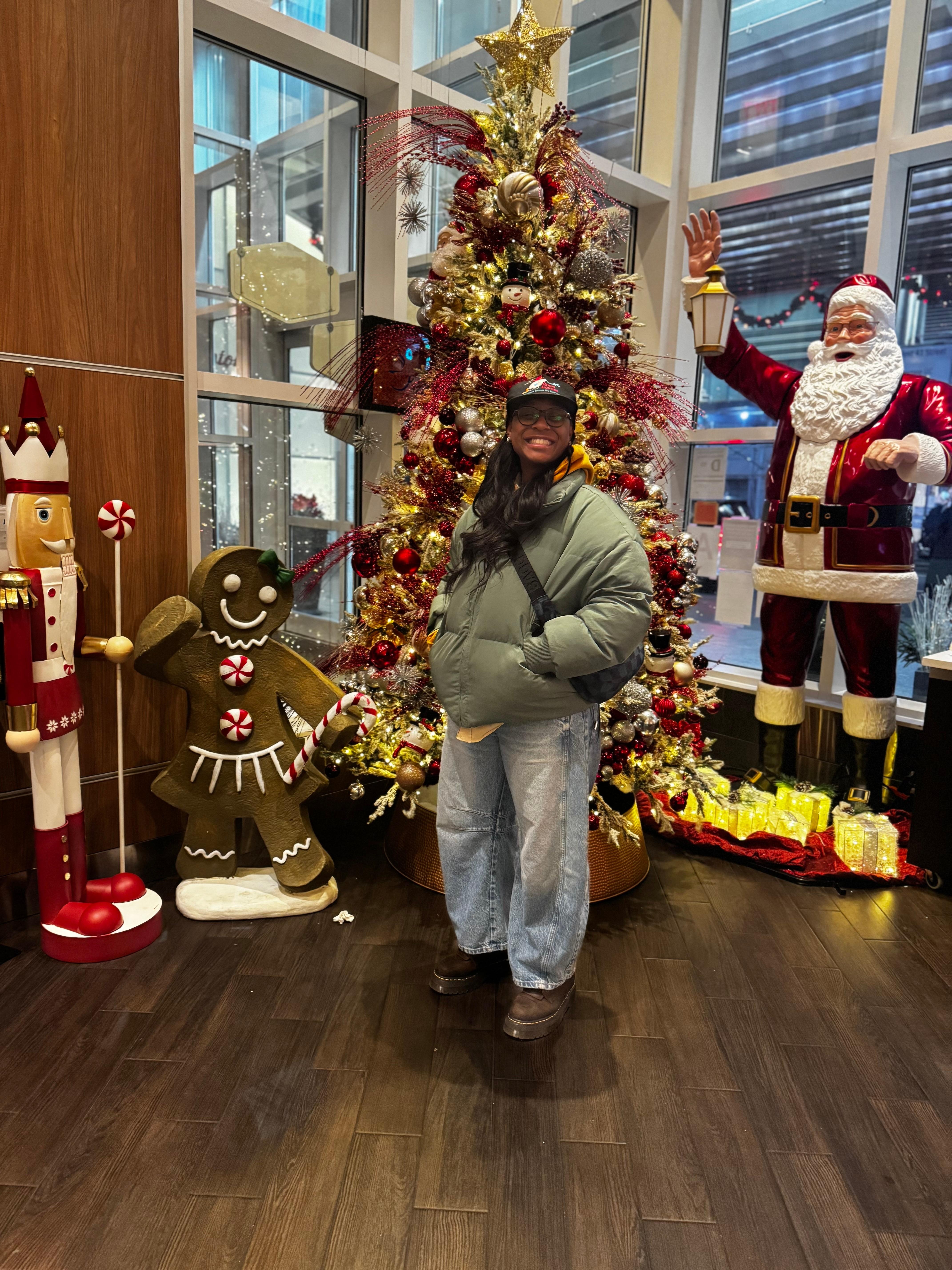 Lobby photo by Christmas tree 