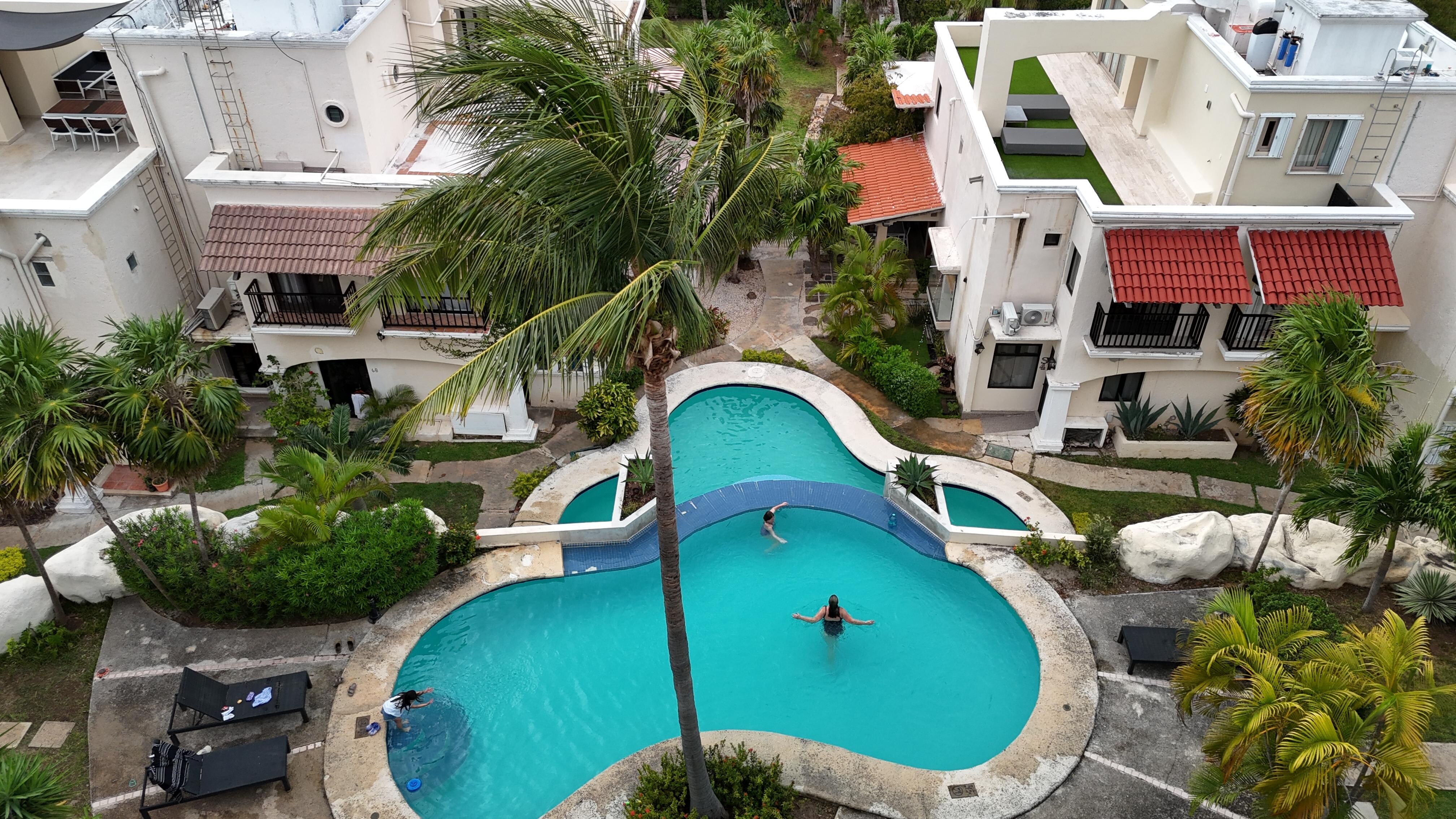Looking towards the road, top pool drone shot