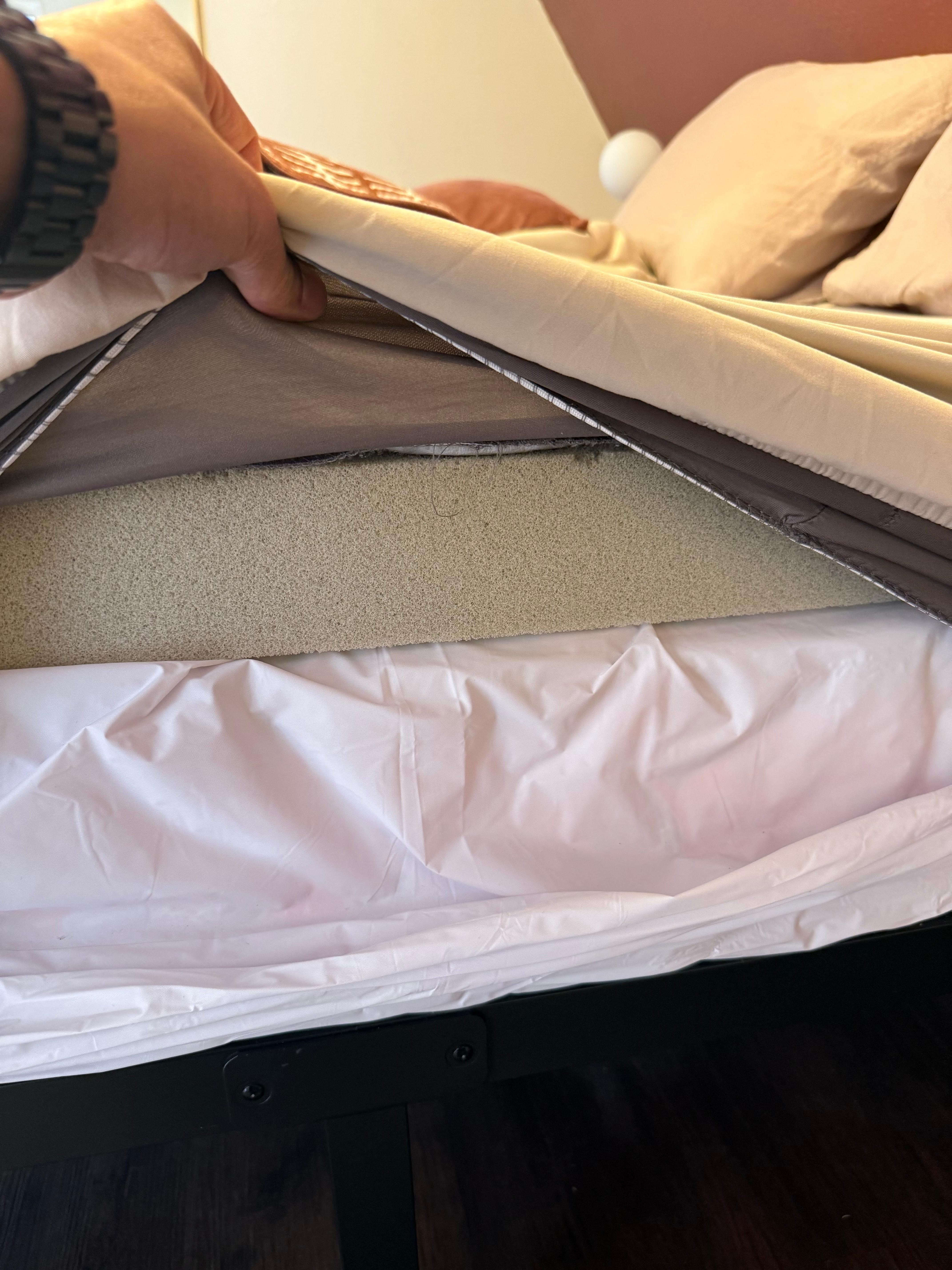 Actual Foam on top of mattress, not only uncomfortable but can harbor almost any pest. 