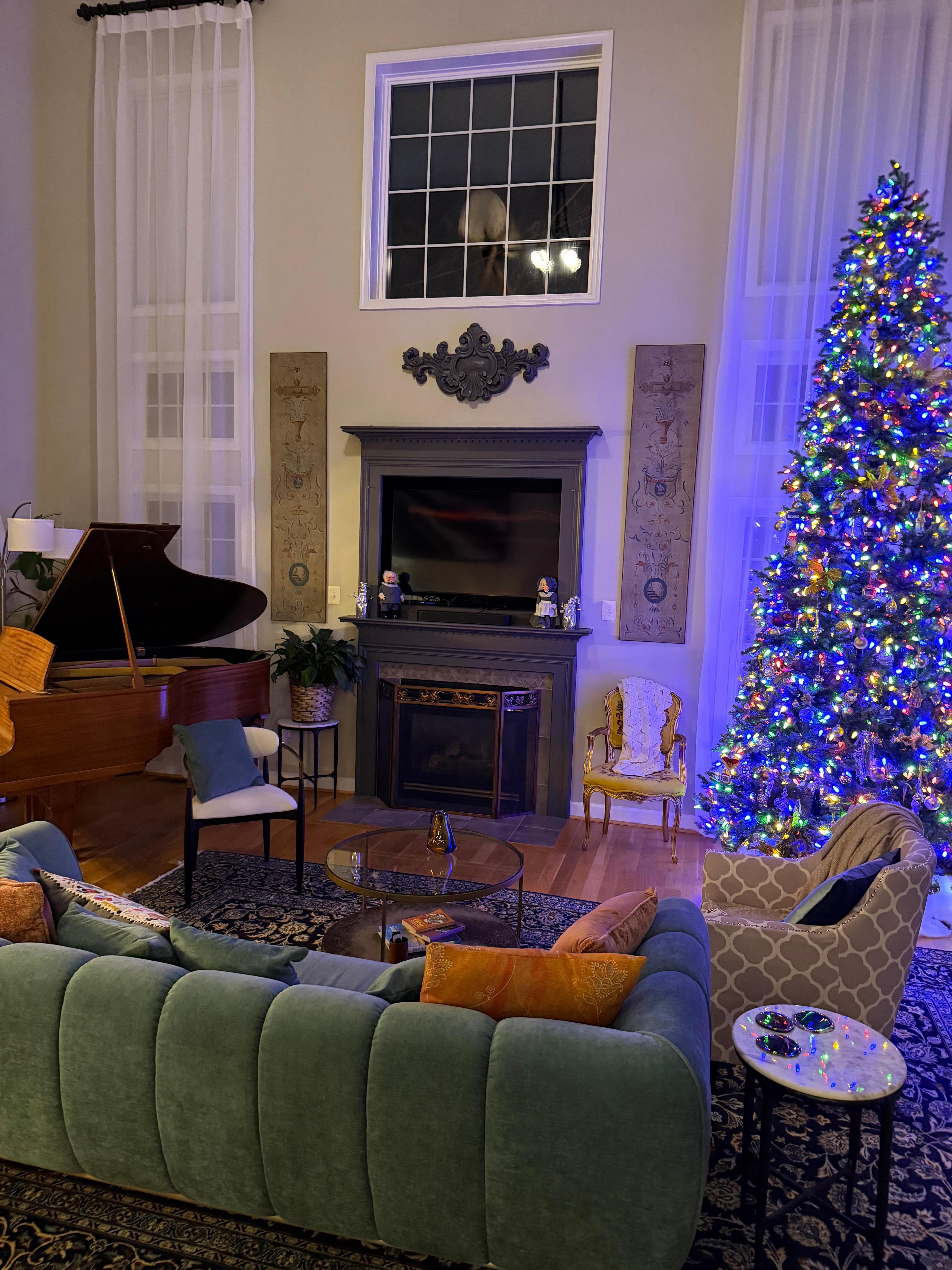 Family room, sky high ceiling, piano, fireplace, television, comfy couches and chairs.  Just off the dining room and with a doors leading to the backyard .