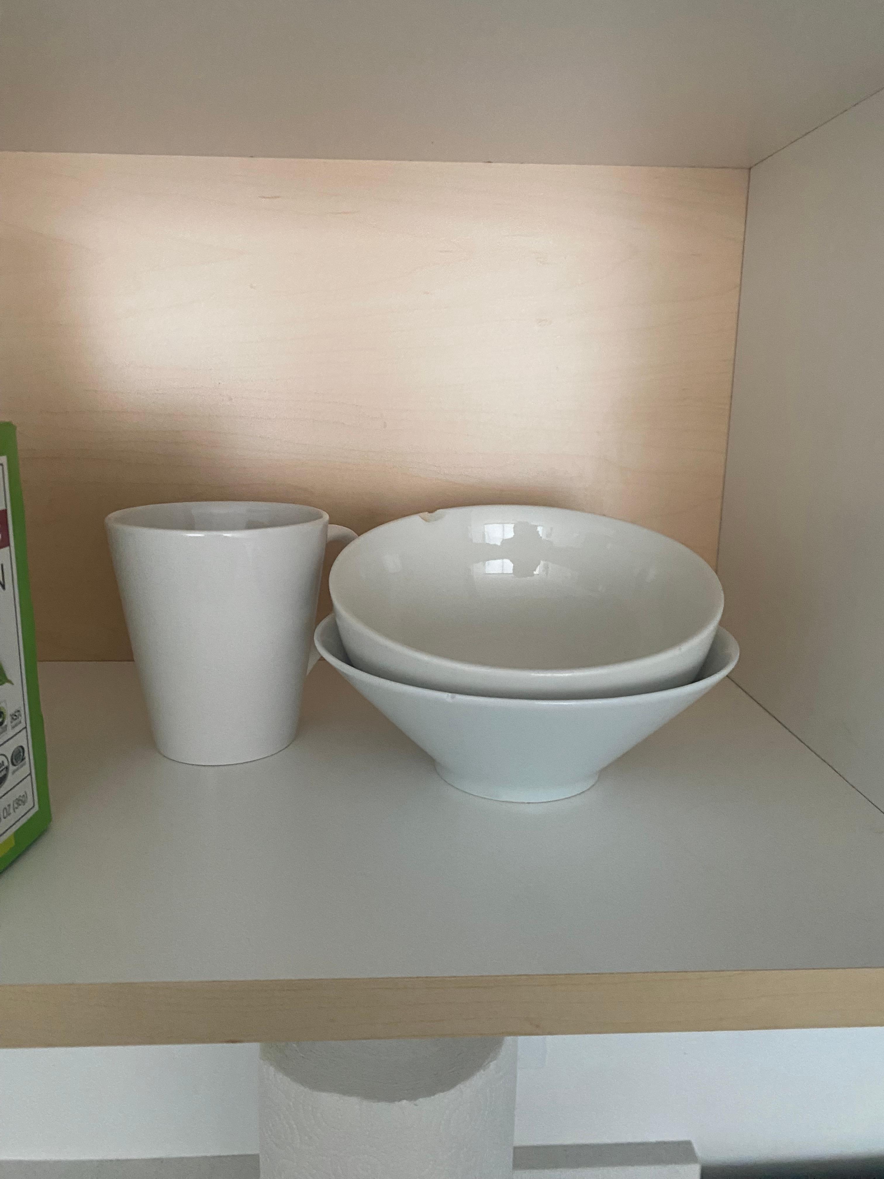 One mug and chipped bowl provided. 