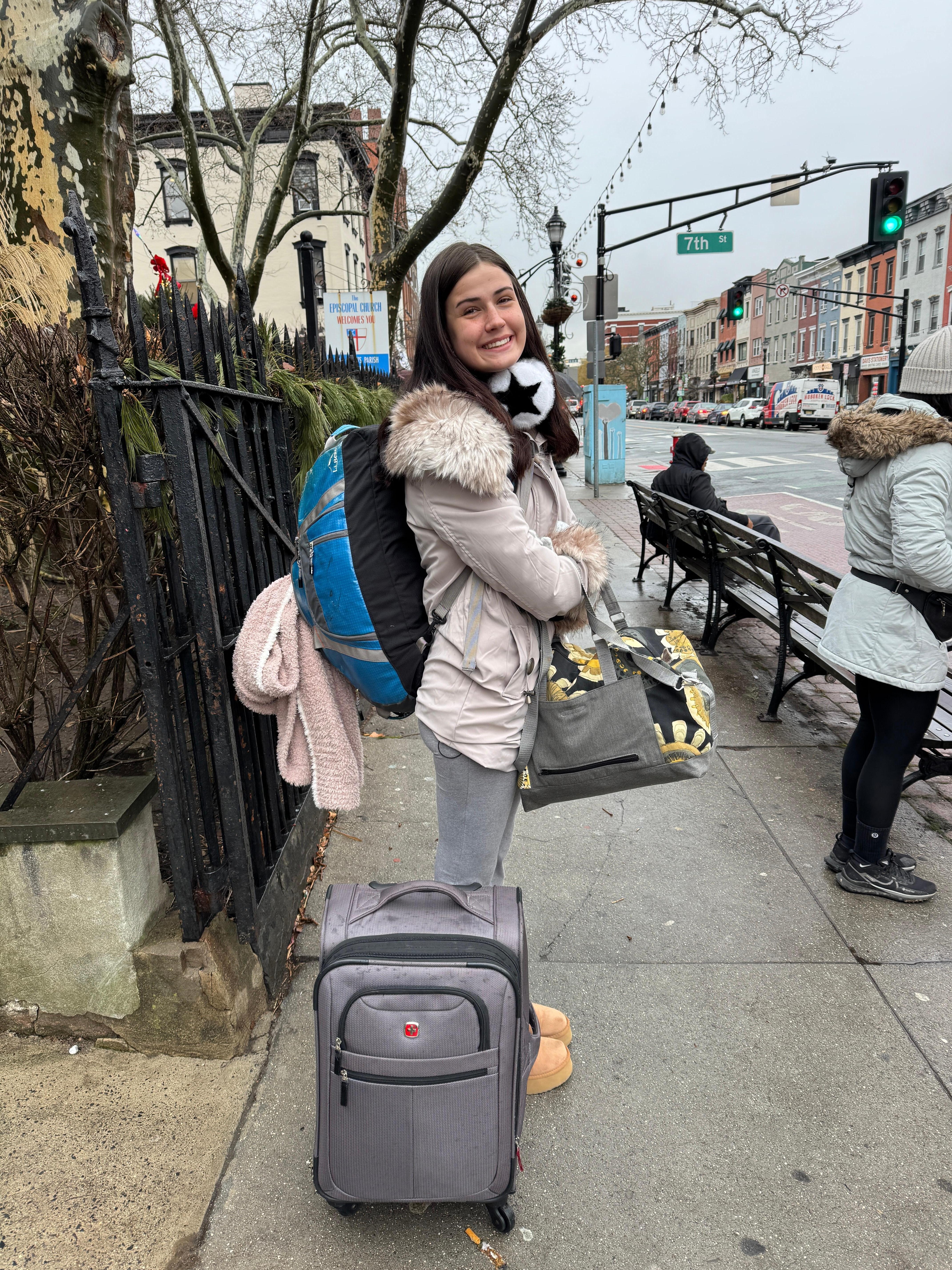 At very convenient bus stop just a block from the apartment. 