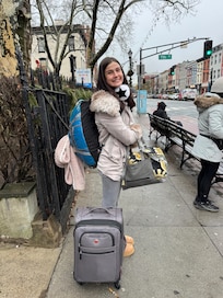 At very convenient bus stop just a block from the apartment.