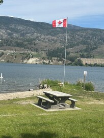Beach at Kaleden has lots of sand, grassy areas, boat launch, many picnic tables and public washrooms.