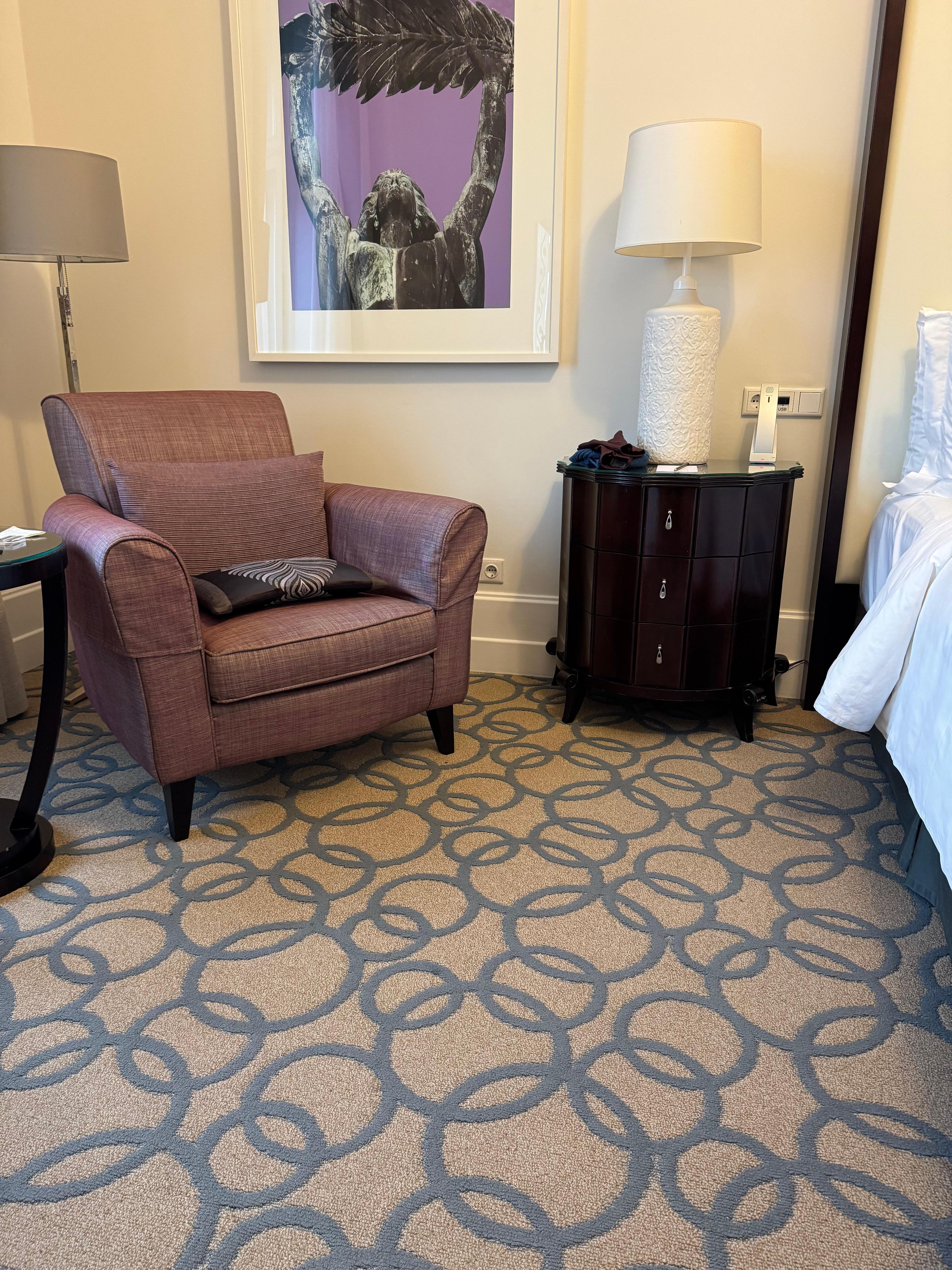 Room side ok but some furniture needs updating. Sofa and chairs look cheap. 