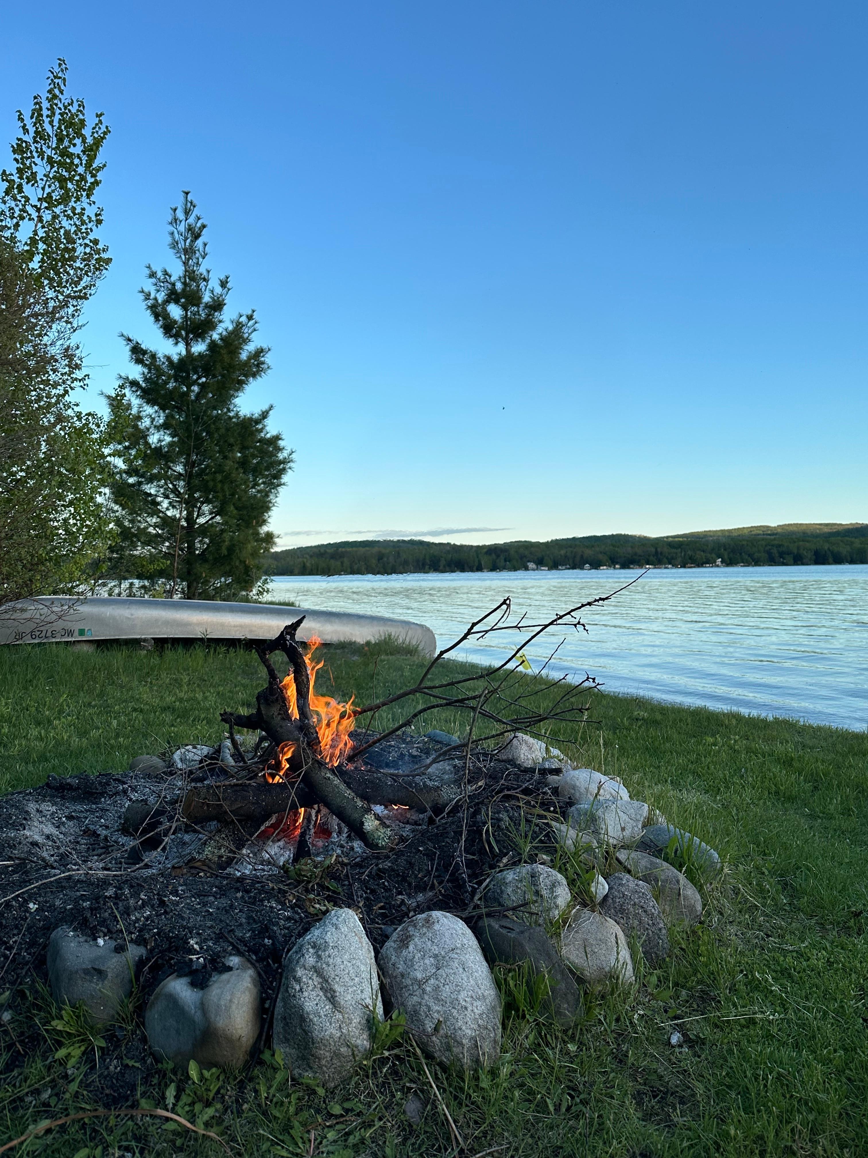 Big fire pit with woods beyond to gather firewood