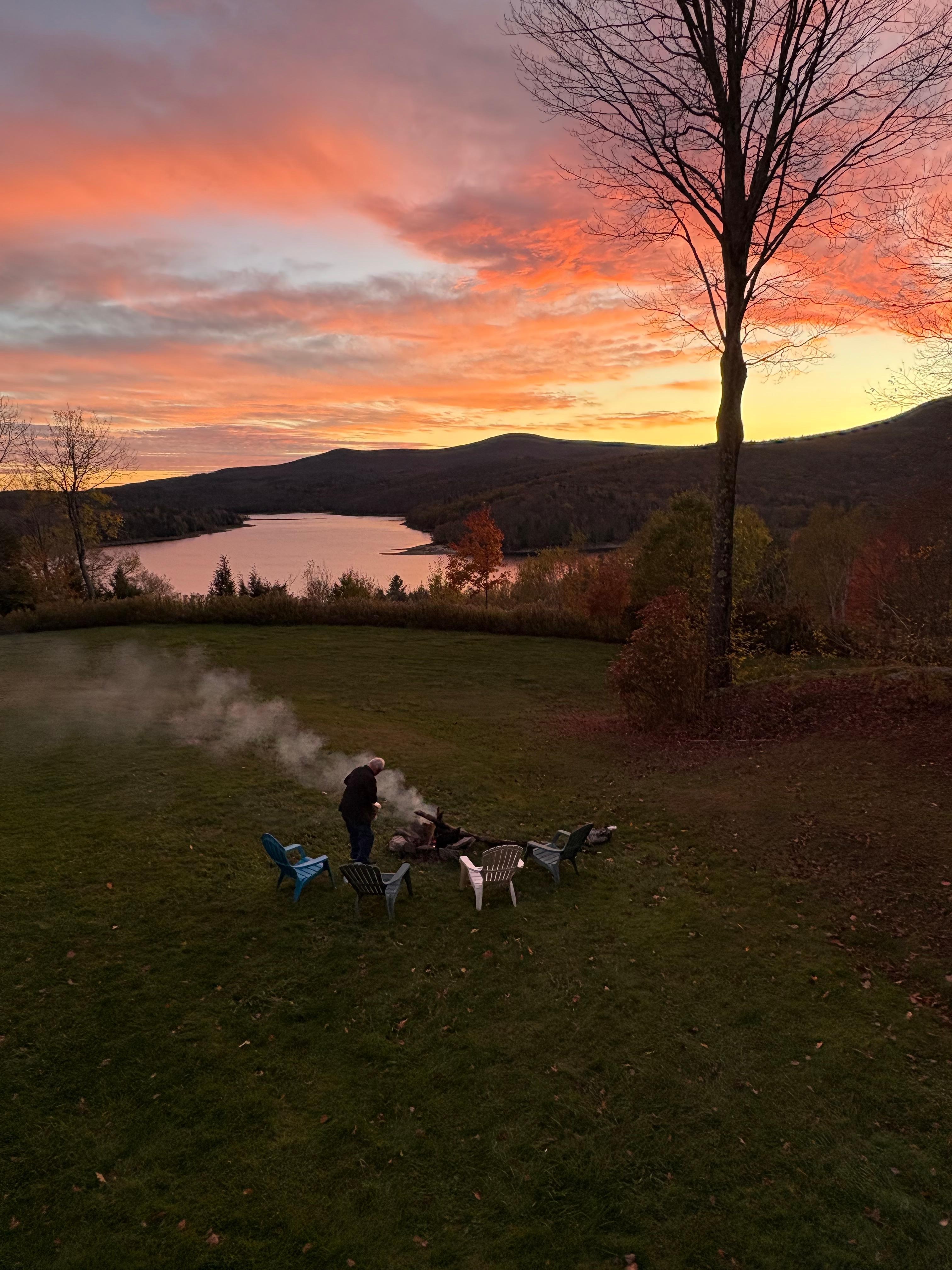 View at night as sun goes down from back of house 