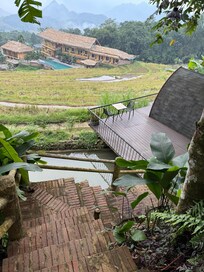 To the right, “tent” I stayed in, like a tiny home. Perfect for one. Loved the space and huge deck